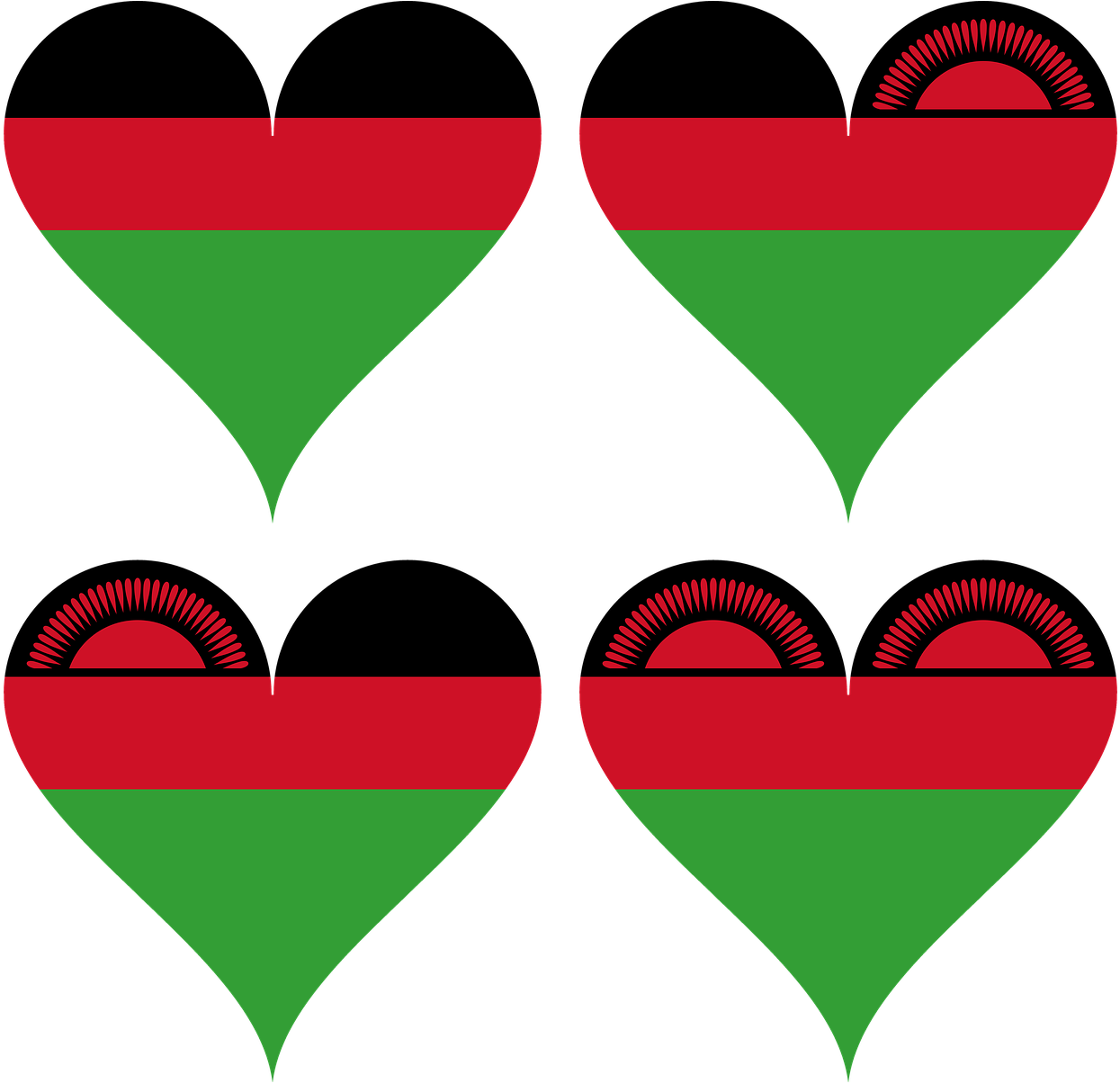 Flag 桌布 壁紙 — 四個風格化的紅色和綠色沙漏形狀，帶有太陽圖案，背景為黑色。