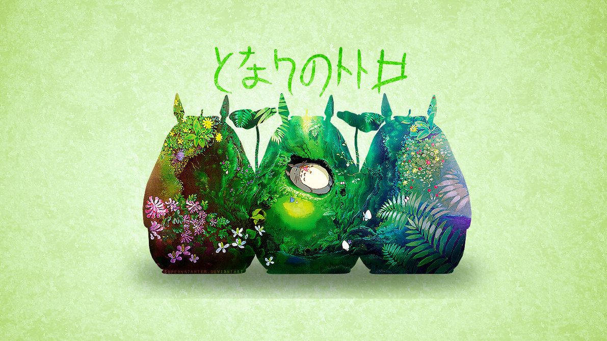龍貓 桌布 壁紙 — 四個風格化的綠色生物，覆蓋著鮮豔的花朵和樹葉，站在柔軟紋理的薄荷色背景前。
