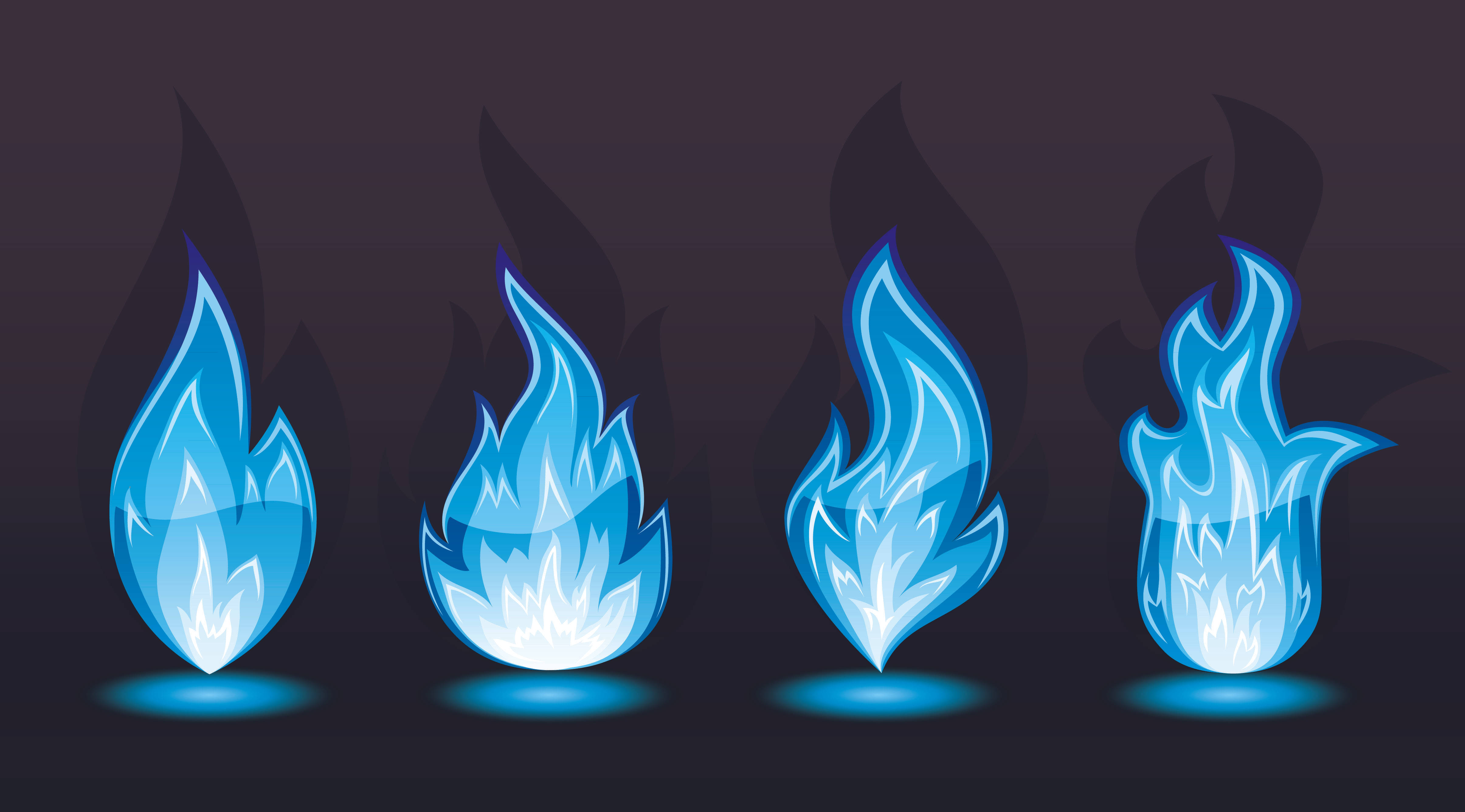 Flame 桌布 壁紙 — 四個風格化的藍色火焰，帶有發光的白色核心，在深紫色背景上投射出深色陰影。