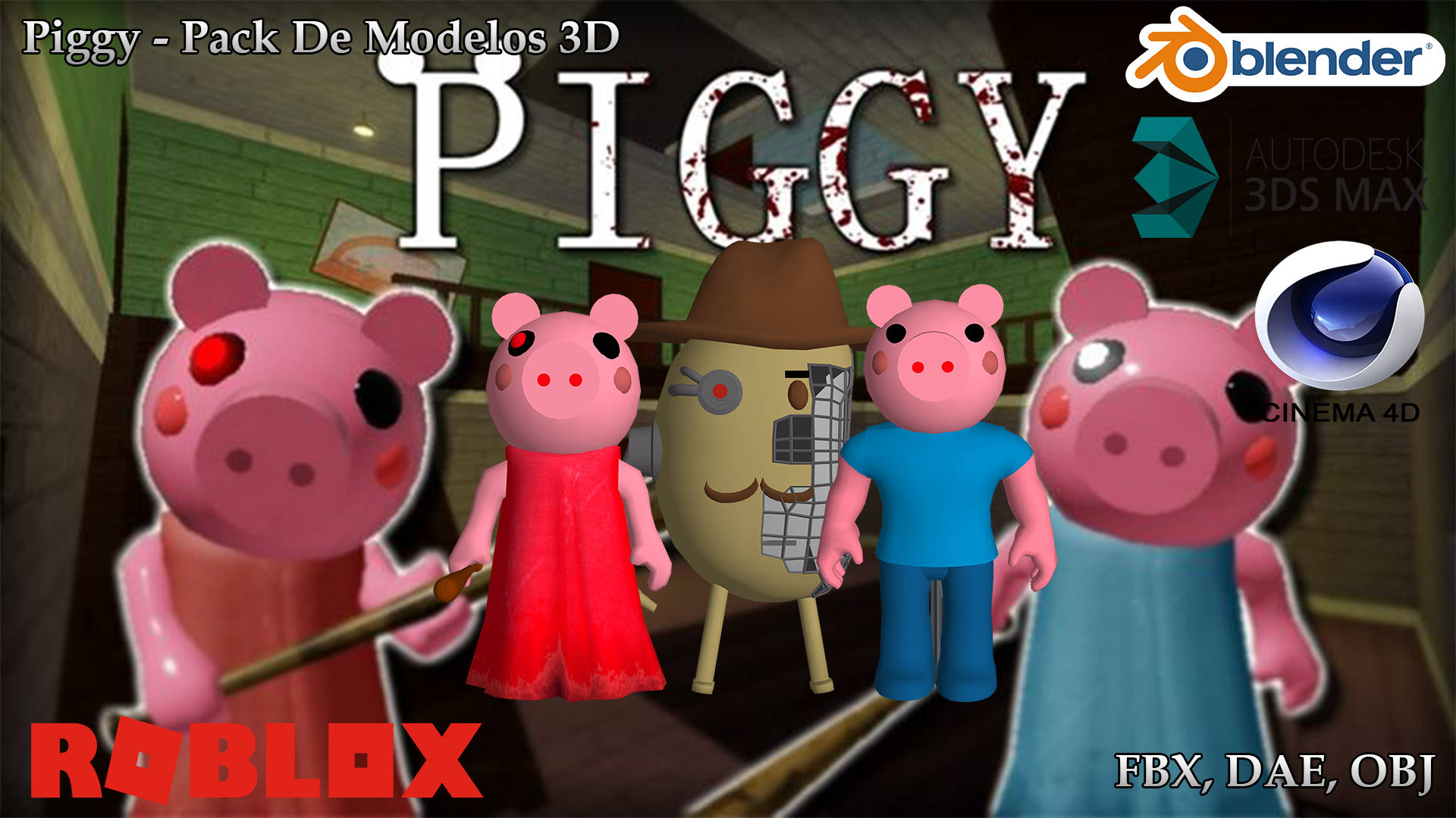 Piggy 桌布 壁紙 — 四個風格化的豬角色，出現在帶有 Blender 和 Roblox 品牌的 3D 渲染遊戲場景中。