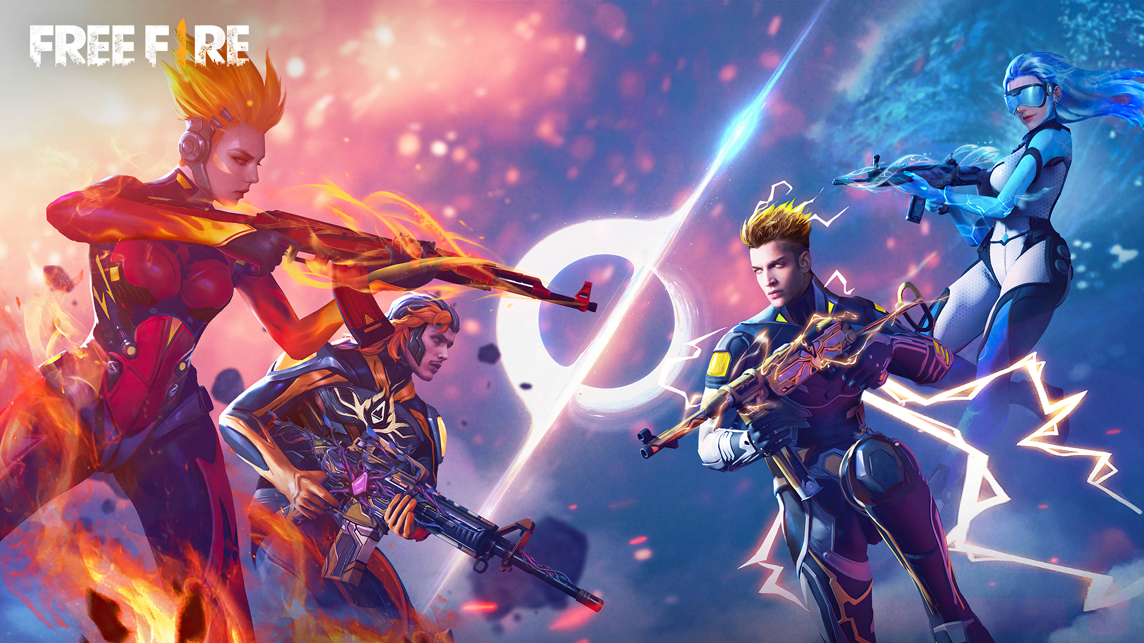 free fire bundle 桌布 壁紙 — 四個風格化的遊戲角色，穿著火焰和電擊主題的戰鬥裝備，在帶有發光粒子的宇宙背景下動態站立。