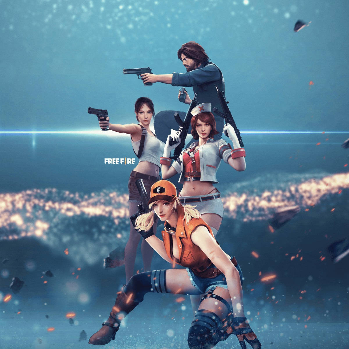 free fire 3d 桌布 壁紙 — 四個風格化的遊戲角色以戰鬥姿勢，背景是發光的藍色城市景觀和漂浮的碎片。