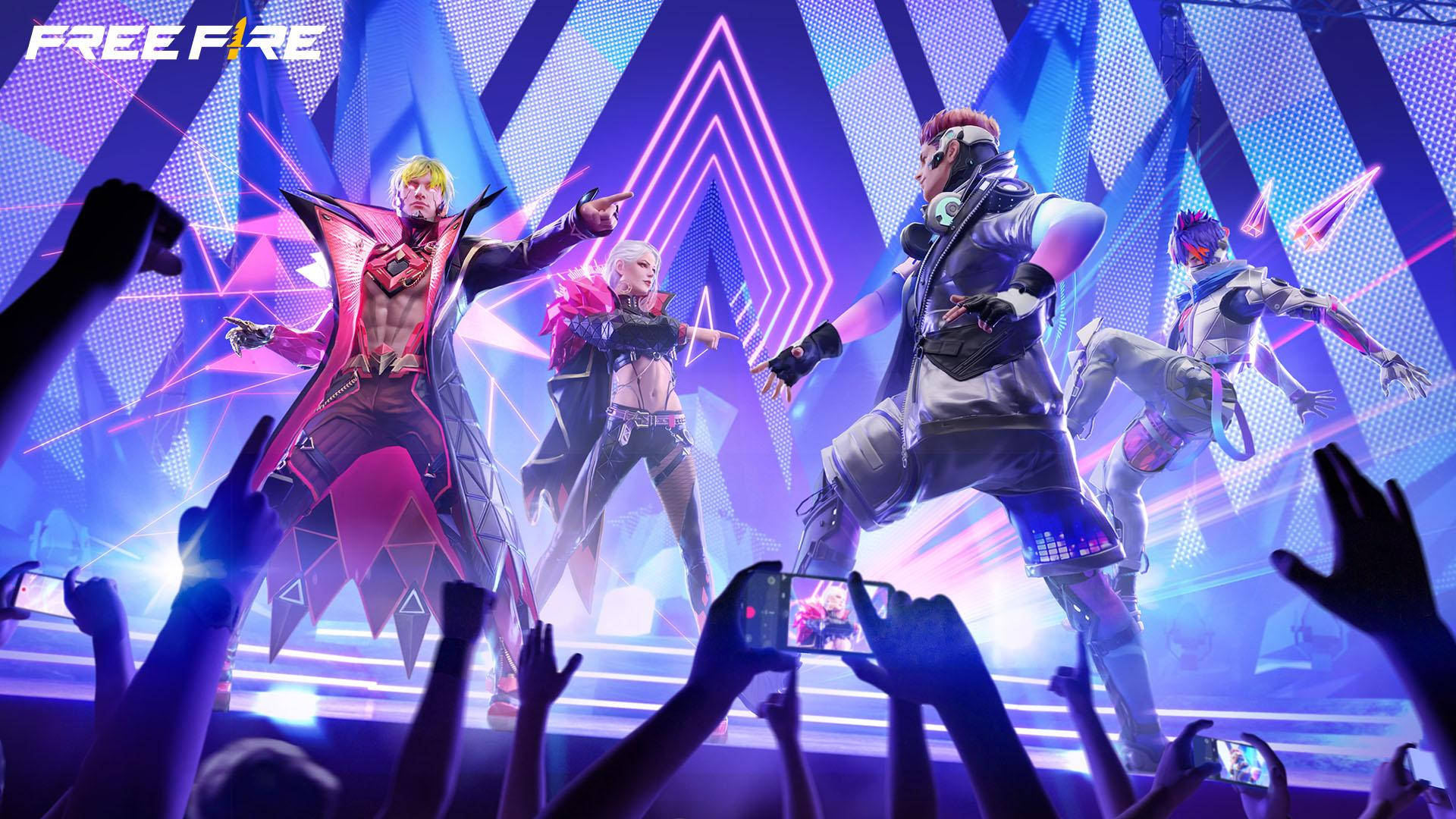 Free Fire 嘻哈套裝 桌布 壁紙 — 四個風格化的遊戲角色在霓虹燈舞台上表演，粉絲們用發光的手機錄製節目。