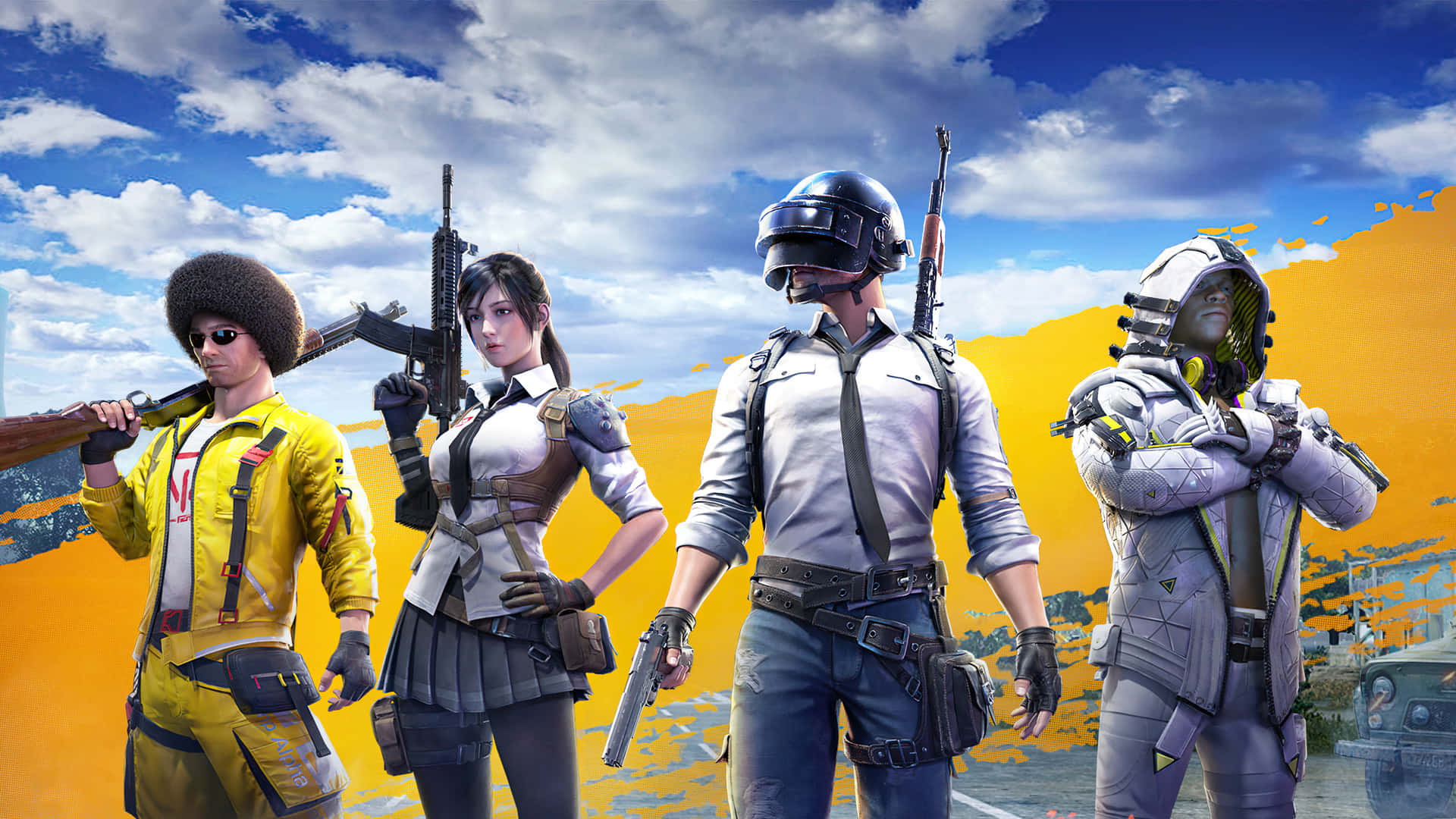 Pubg Banner 桌布 壁紙 — 四個風格化的遊戲角色穿著戰鬥裝備，自信地站在鮮豔的藍天和橙黃色背景前。