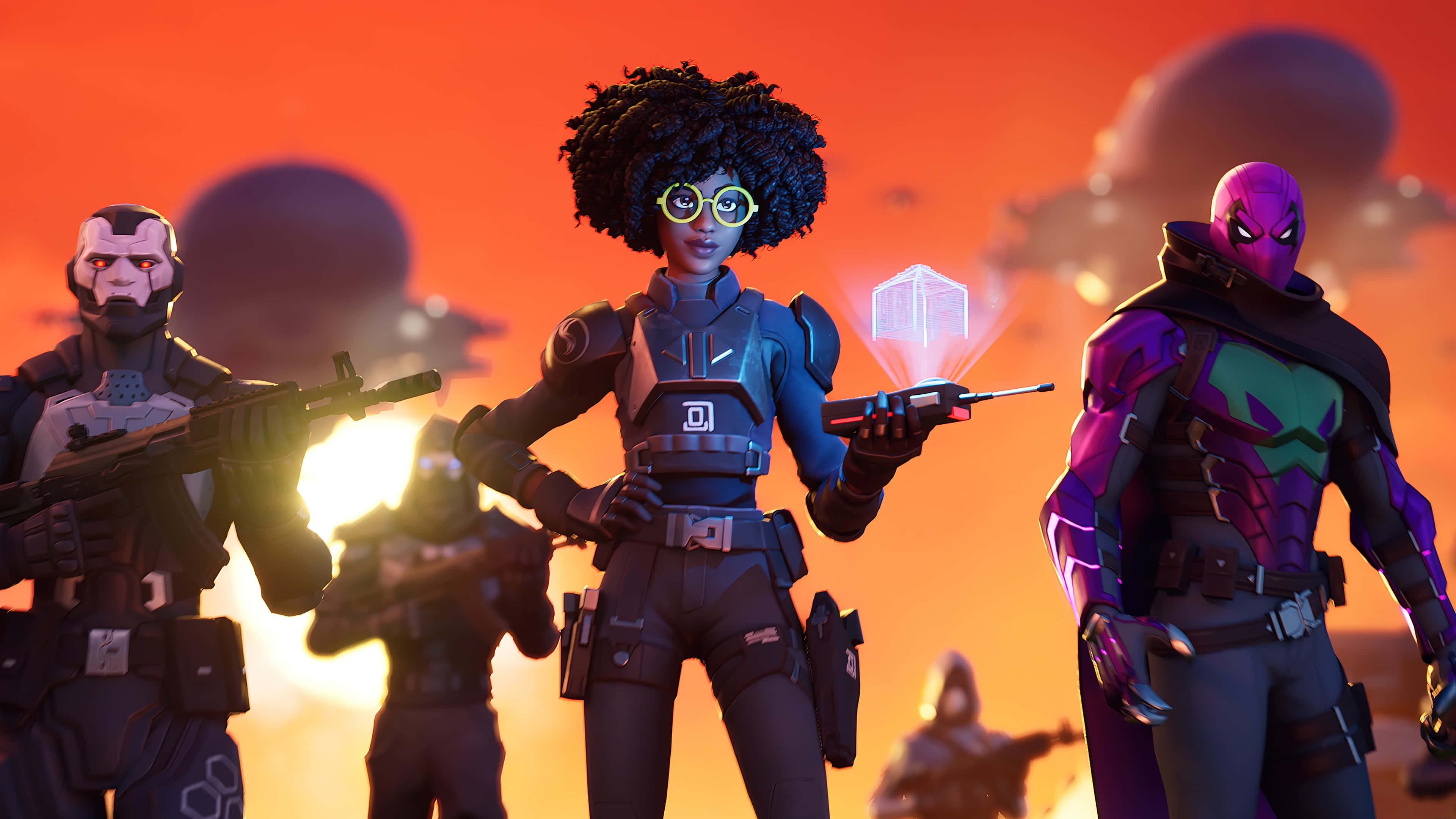 Fortnite Chapter 3 桌布 壁紙 — 四個風格化的遊戲角色穿著未來裝備，在熾熱的橙色外星日落和漂浮球體前站立。
