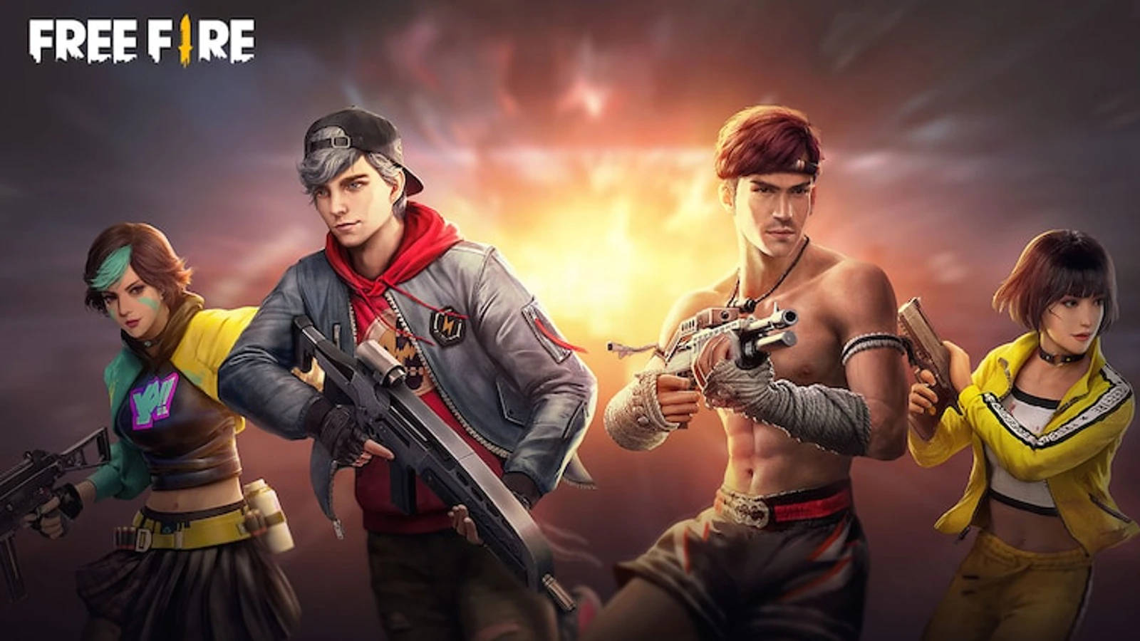 free fire 2021 桌布 壁紙 — 四個風格化的遊戲角色身穿戰鬥裝備，在熾熱的日落背景下準備就緒，帶有 'FREE FIRE' 標誌。