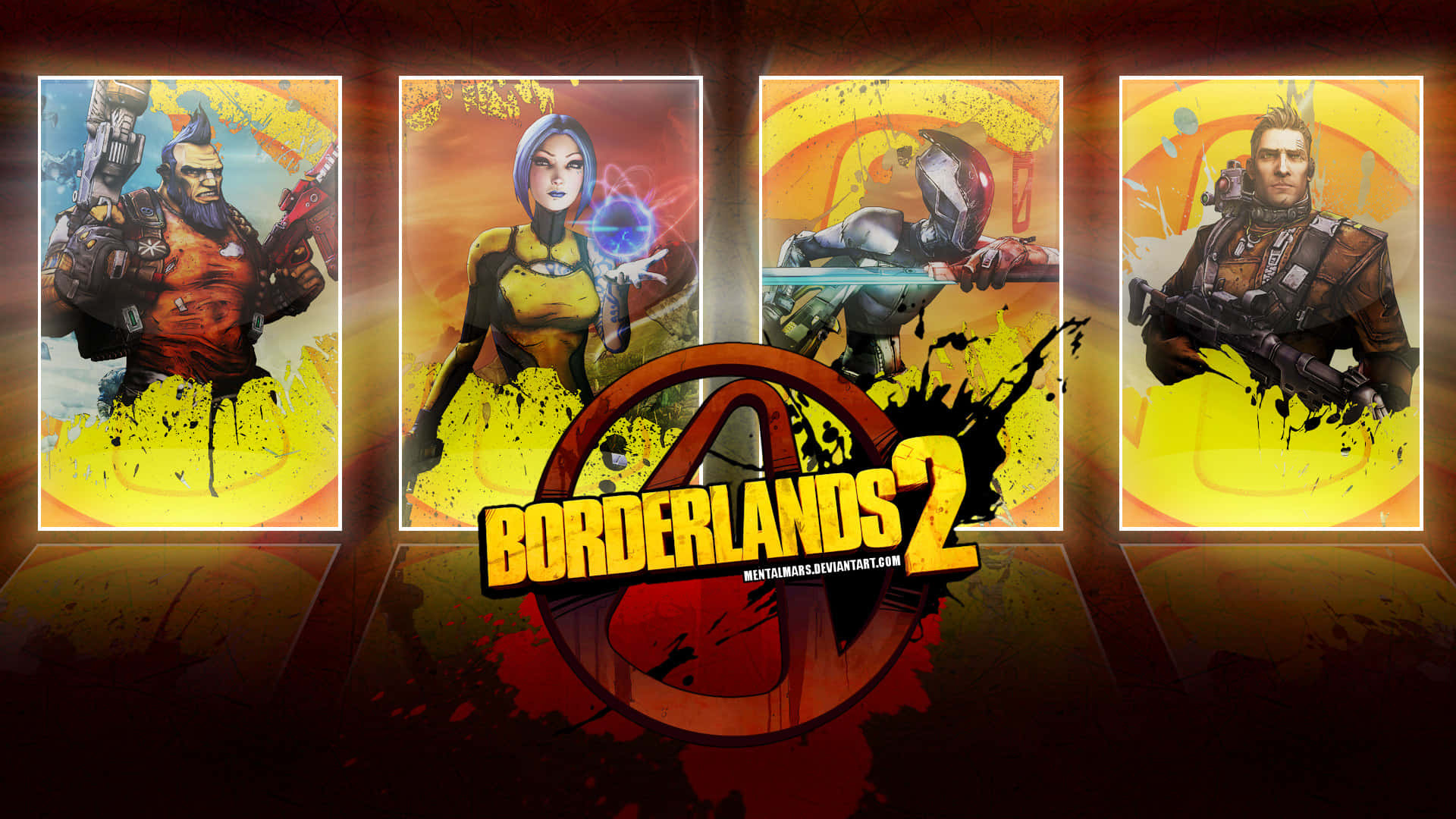 Borderlands 桌布 壁紙 — 四個風格化的邊緣禁地2角色站在火黃色面板中，背景為深色，下方有遊戲標誌。