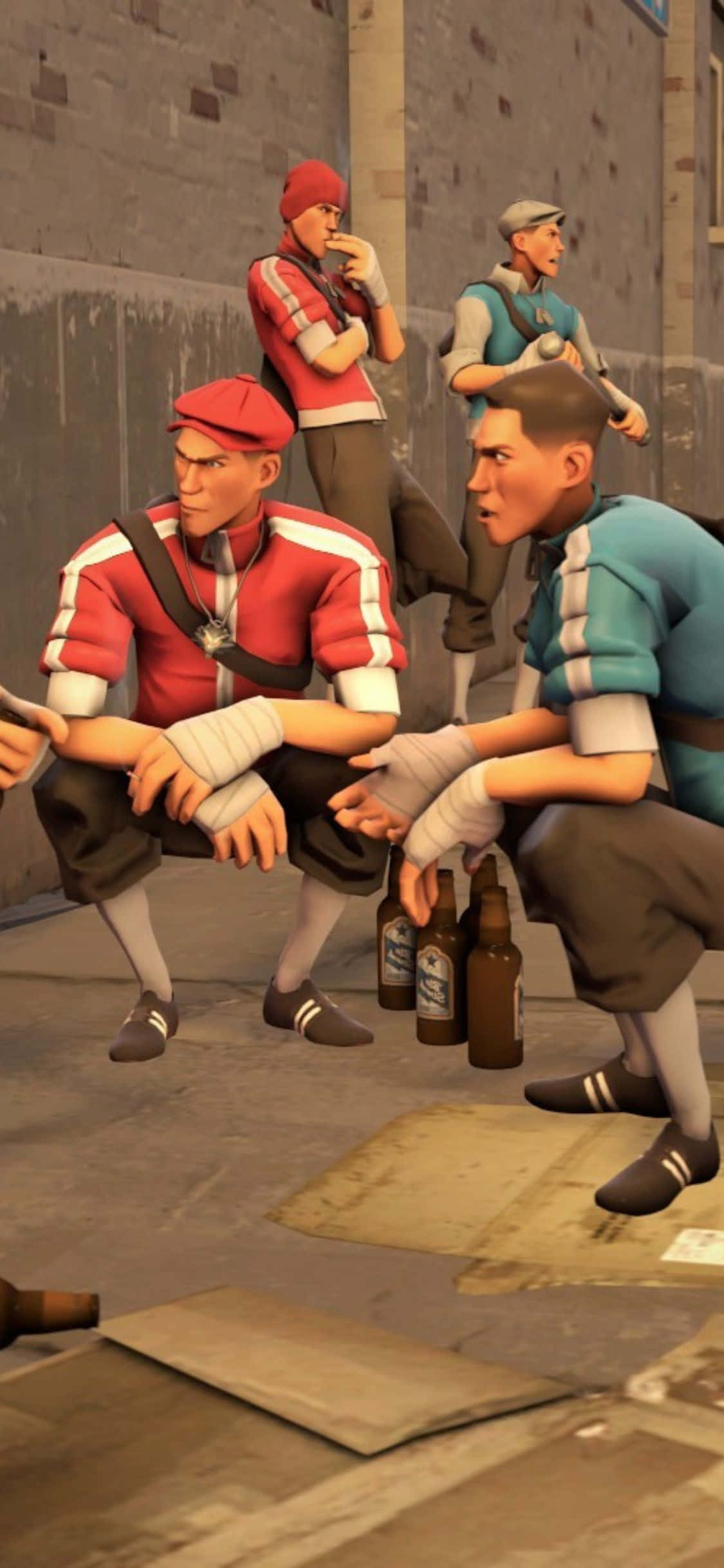 iPhone Xs Team Fortress 2 桌布 壁紙 — 四個風格化的電子遊戲角色，身穿紅色和藍色制服，在骯髒的小巷中圍著啤酒瓶坐著和站著。