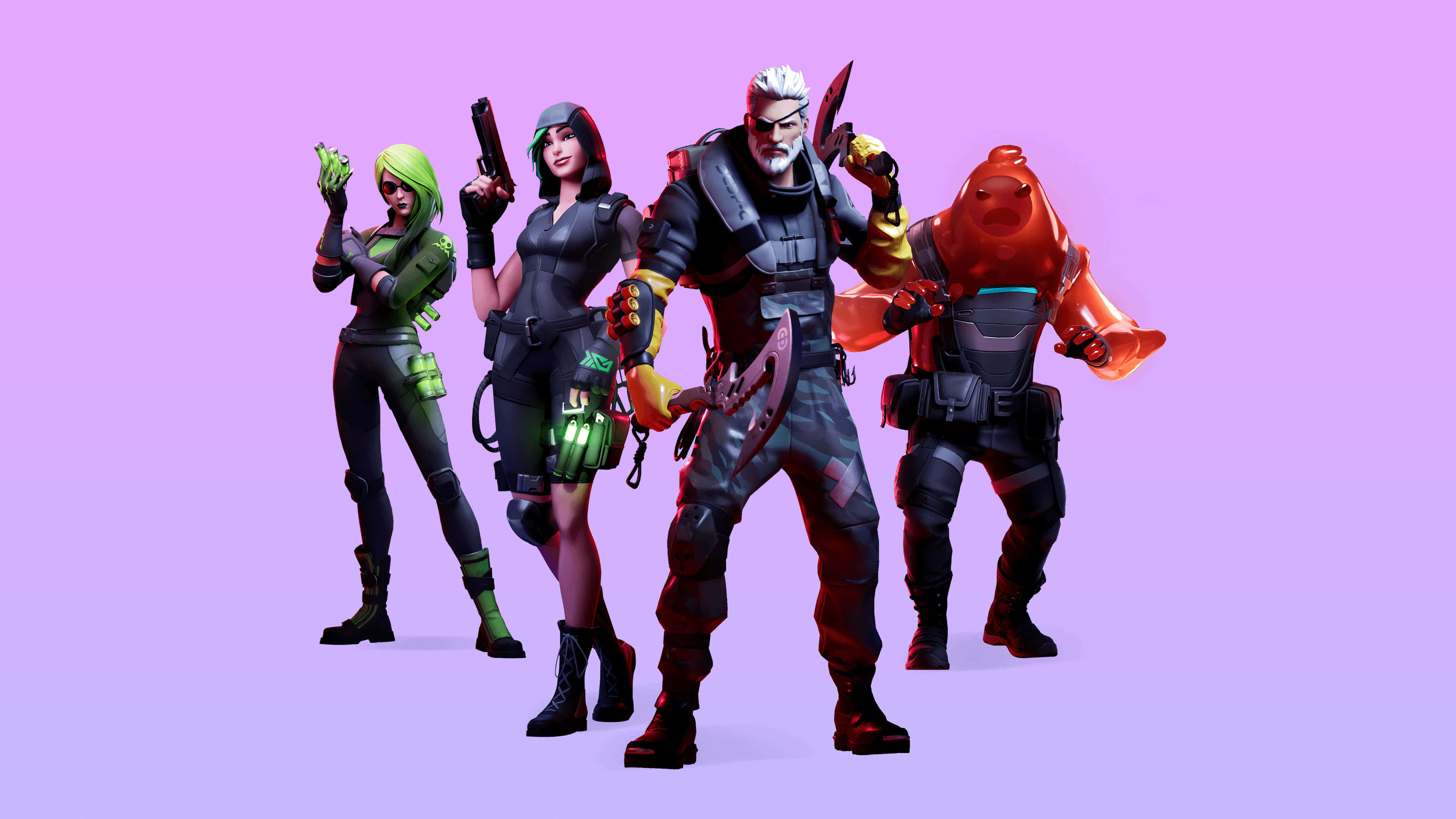 Fortnite 桌布 壁紙 — 四個風格化的電子遊戲角色穿著戰鬥裝備，在柔和的紫色漸變背景前自信地擺姿勢。