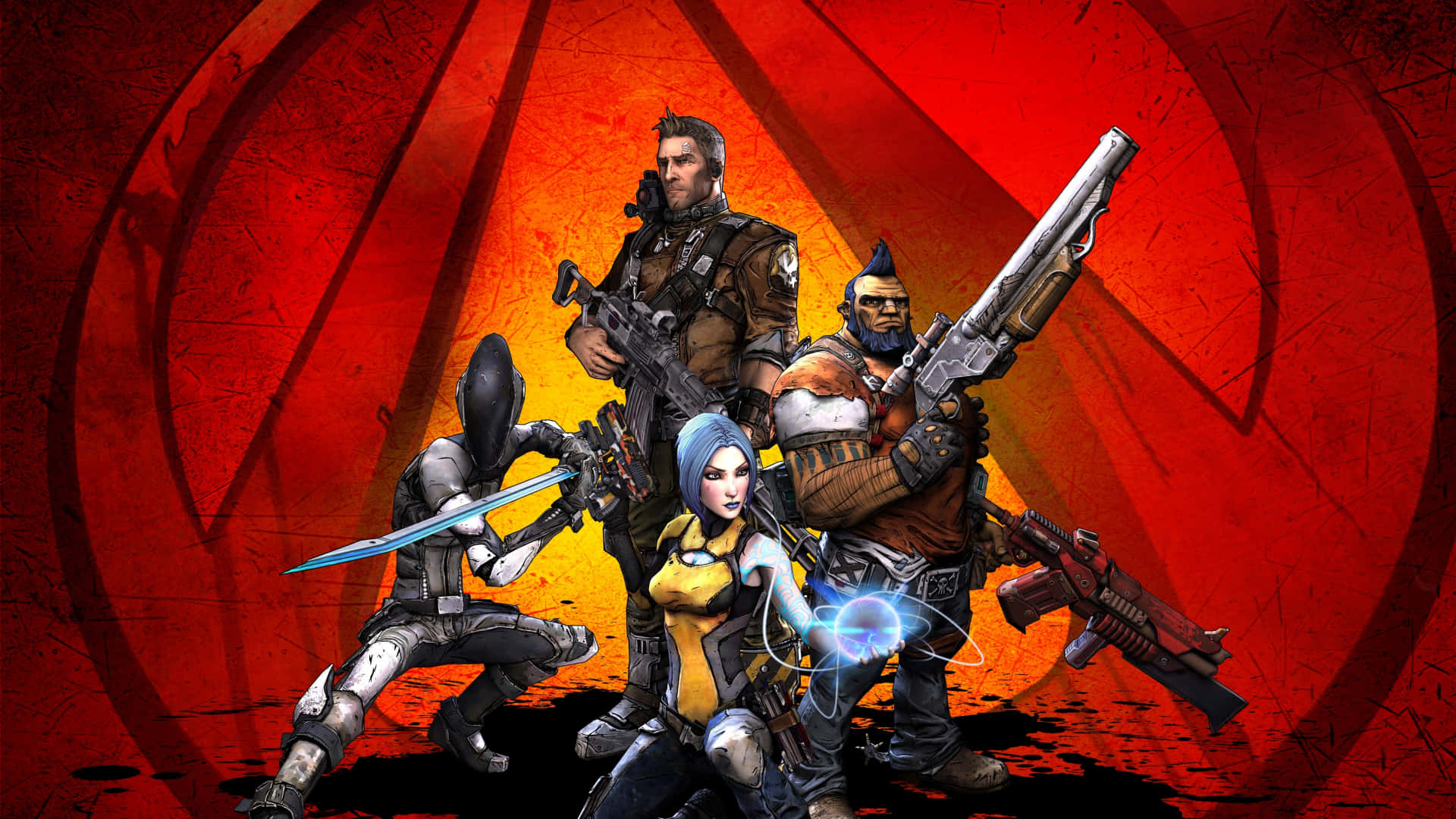 Best Borderlands 3 桌布 壁紙 — 四個風格化的電子遊戲角色穿著戰鬥裝備，在火紅和橙色的圓形背景前動態擺姿勢。