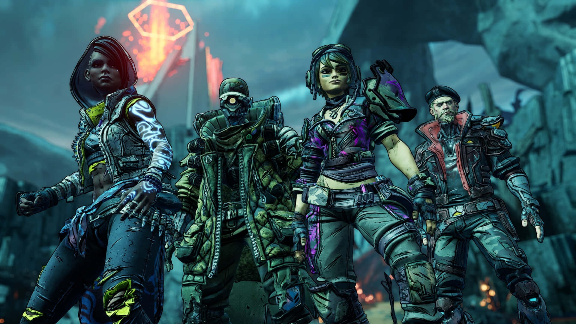 1080p Borderlands 3 桌布 壁紙 — 四個風格化的電子遊戲角色穿著未來主義盔甲，在黑暗的科幻景觀中自信地站在發光的六邊形結構前。