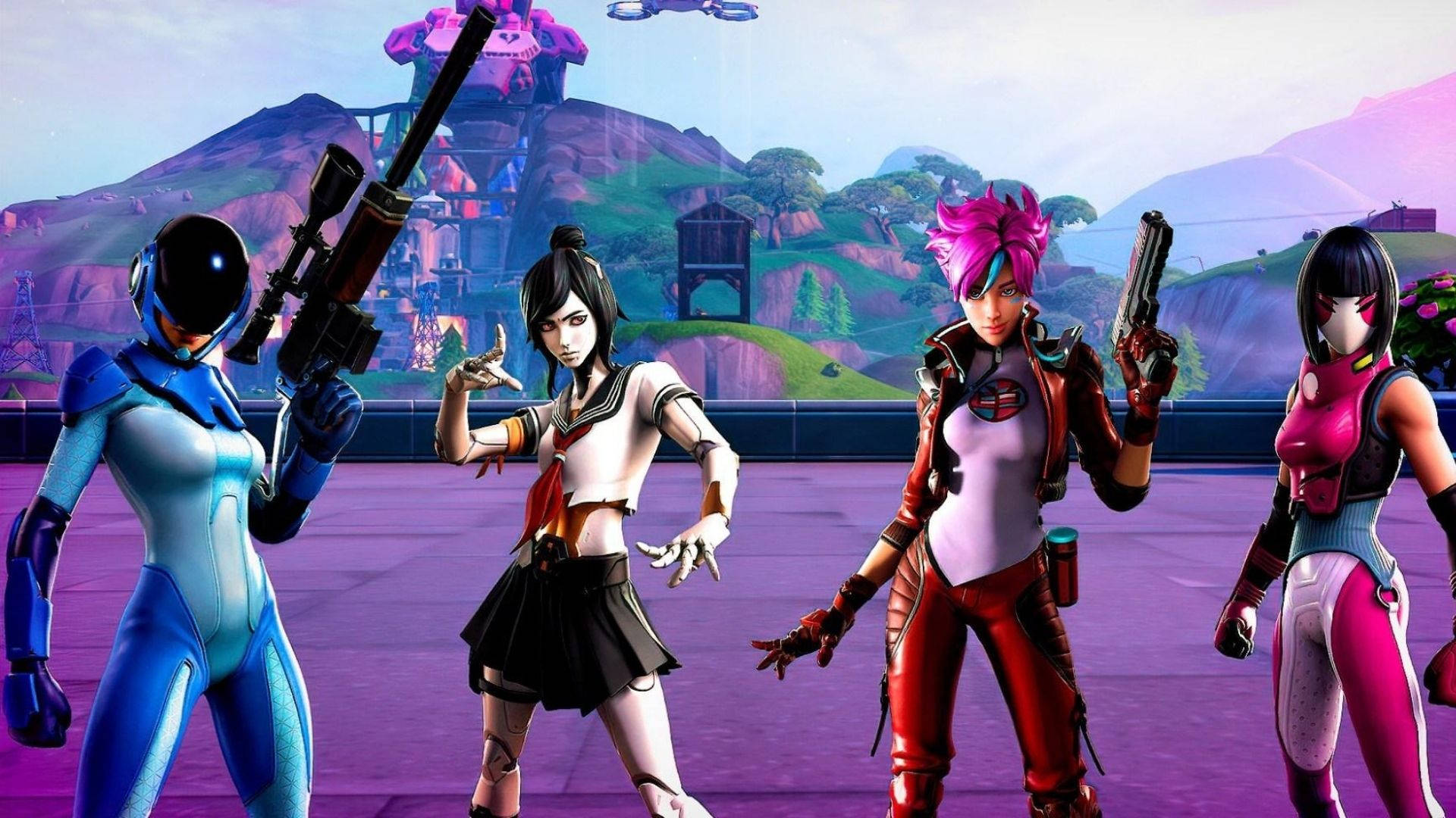 tsuki fortnite 桌布 壁紙 — 四個風格化的電子遊戲角色穿著色彩繽紛的服裝，在紫色平台上手持武器，背景是充滿活力的卡通風景。