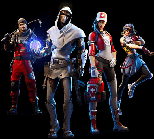 Fortnite Character 桌布 壁紙 — 四個風格化的電子遊戲角色身穿戰鬥裝備，站在黑色背景前，散發著能量和醫療主題的光芒。
