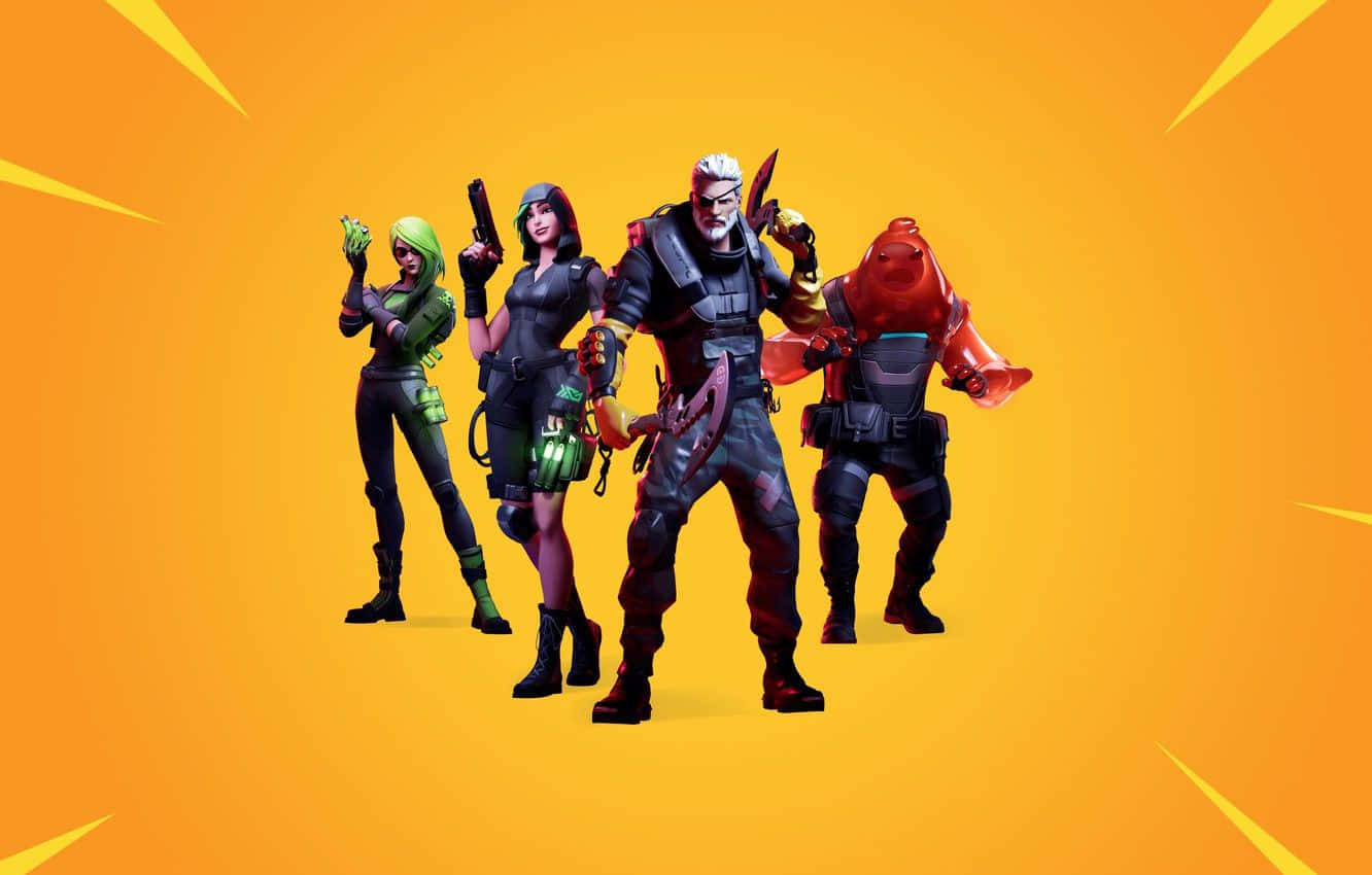 Fortnite 桌布 壁紙 — 四個風格化的電子遊戲角色身穿戰鬥裝備，在帶有黃色射線的鮮豔橙色背景前動態擺姿勢。