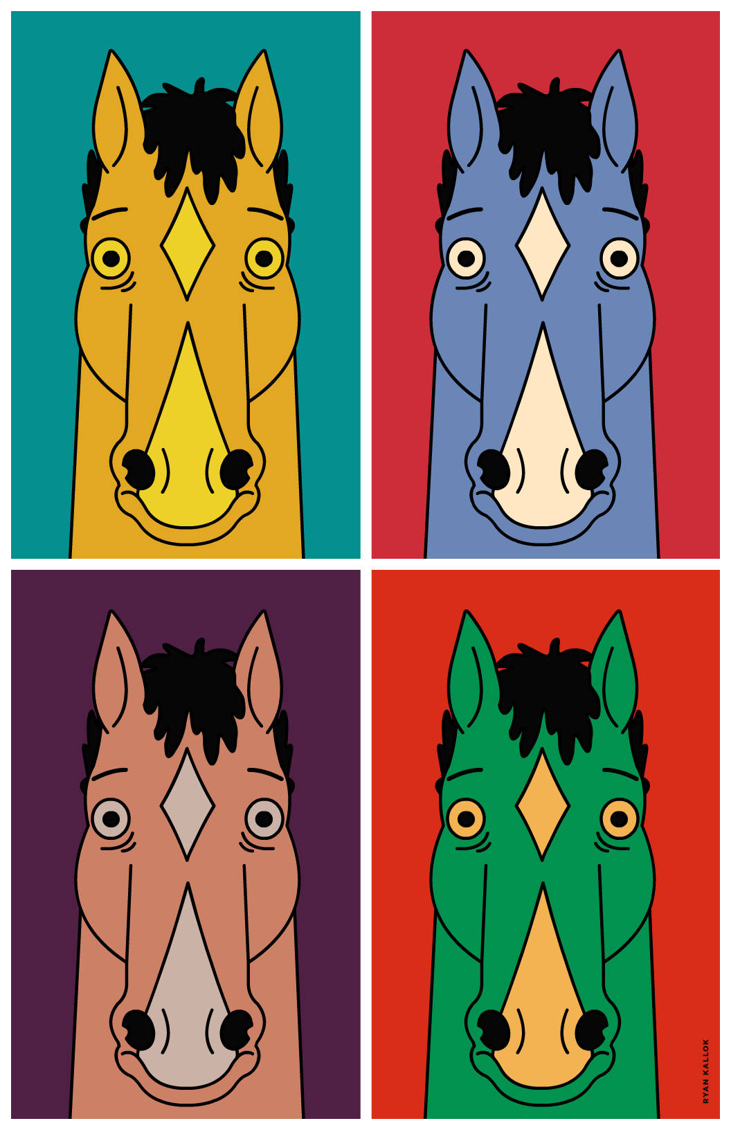 bojack 桌布 壁紙 — 四個風格化的馬頭以鮮豔色彩呈現，每個都放在對比背景上，形成普普藝術網格佈局。