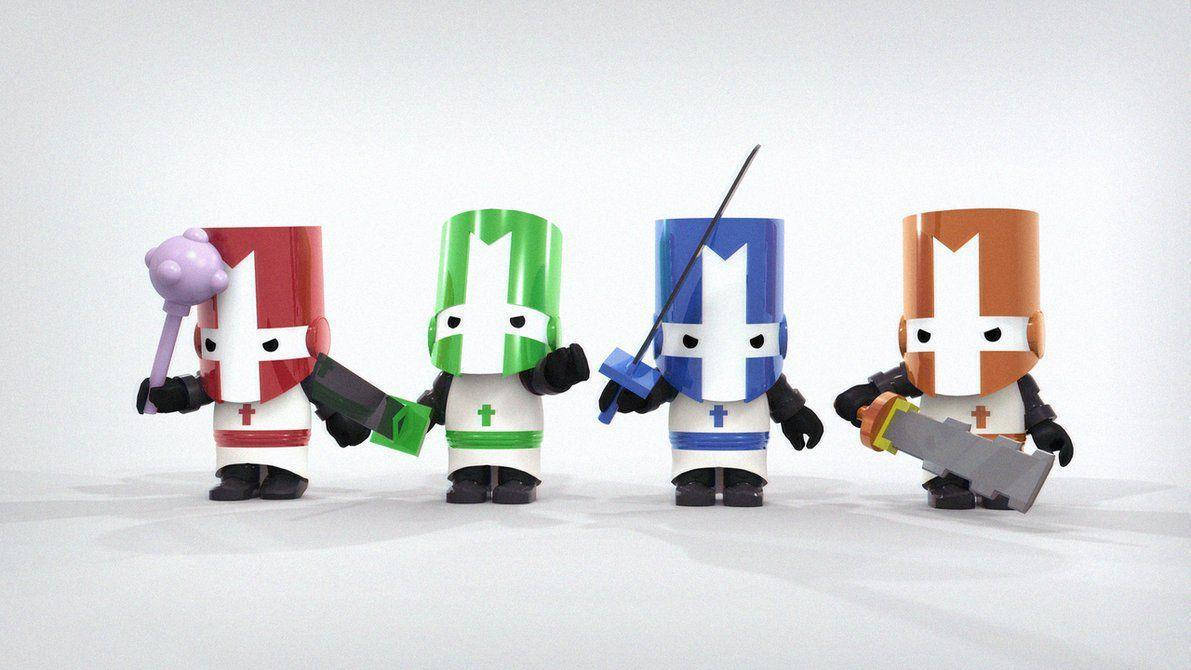 Castle Crashers 桌布 壁紙 — 四個風格化的騎士人偶，身穿紅色、綠色、藍色和橙色盔甲，手持武器，排成一排，背景為純白色。