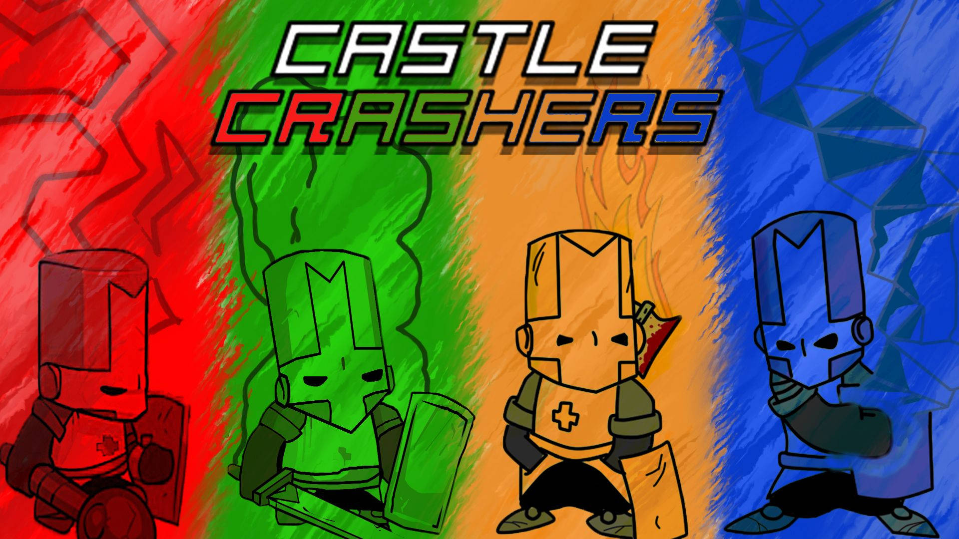 Castle Crashers 桌布 壁紙 — 四個風格化的騎士角色，分別為紅色、綠色、黃色和藍色，站在色彩鮮豔的背景前，上方有 Castle Crashers 標題。