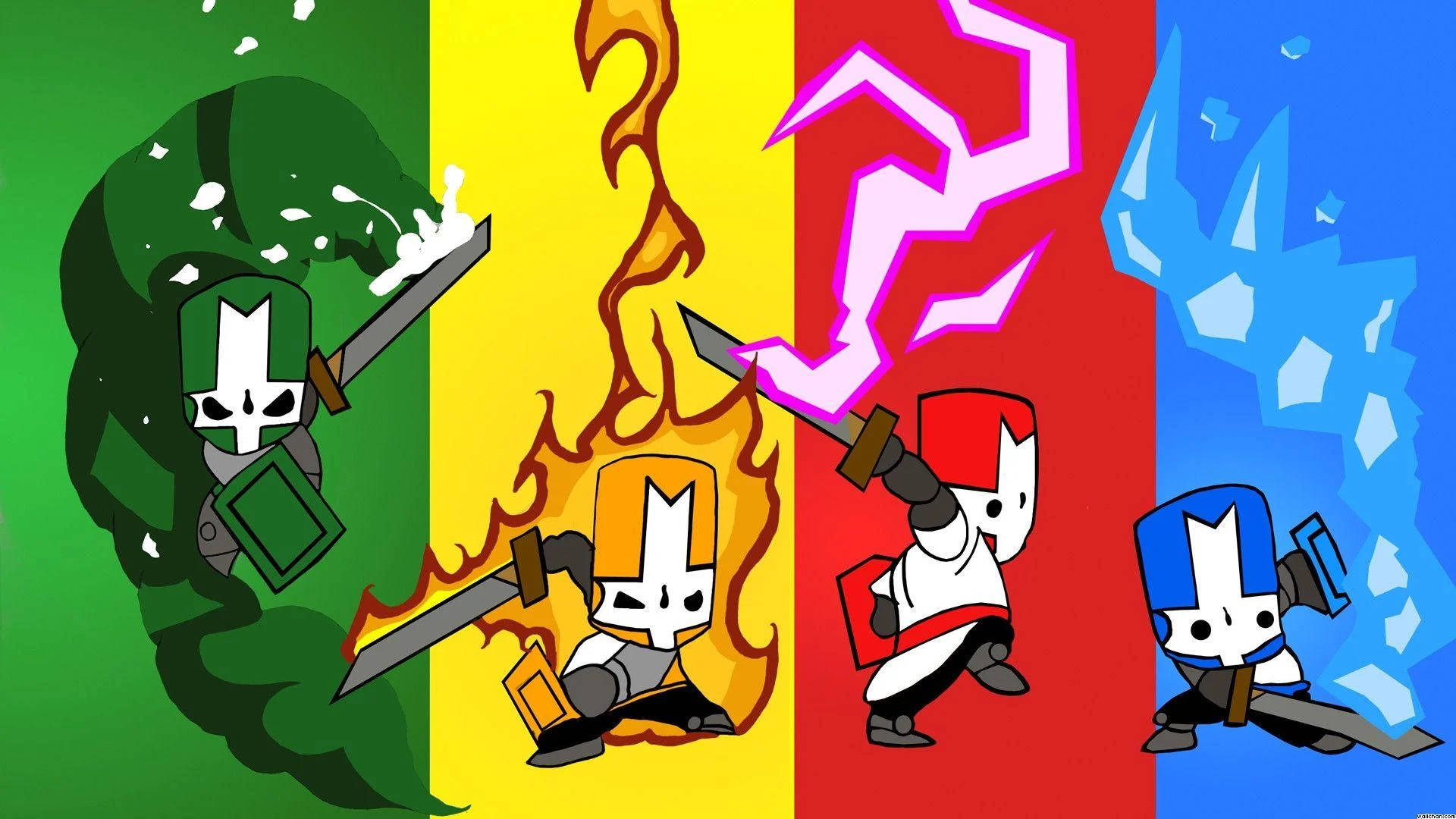 Castle Crashers 桌布 壁紙 — 四個風格化的騎士角色在充滿活力的元素區域中衝突：綠色史萊姆、火焰、閃電和冰。