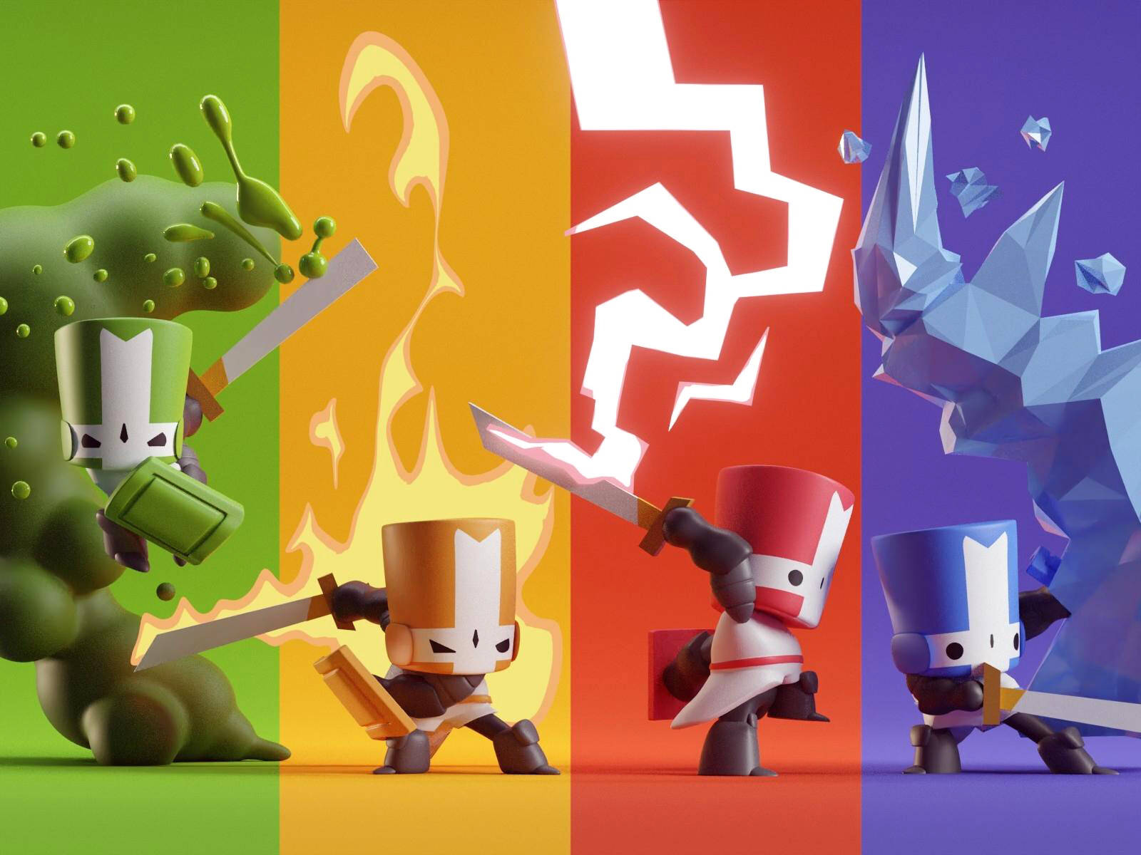 Castle Crashers 桌布 壁紙 — 四個風格化的騎士角色在鮮豔的彩色區域中衝突，每個都揮舞著元素力量對抗敵人。