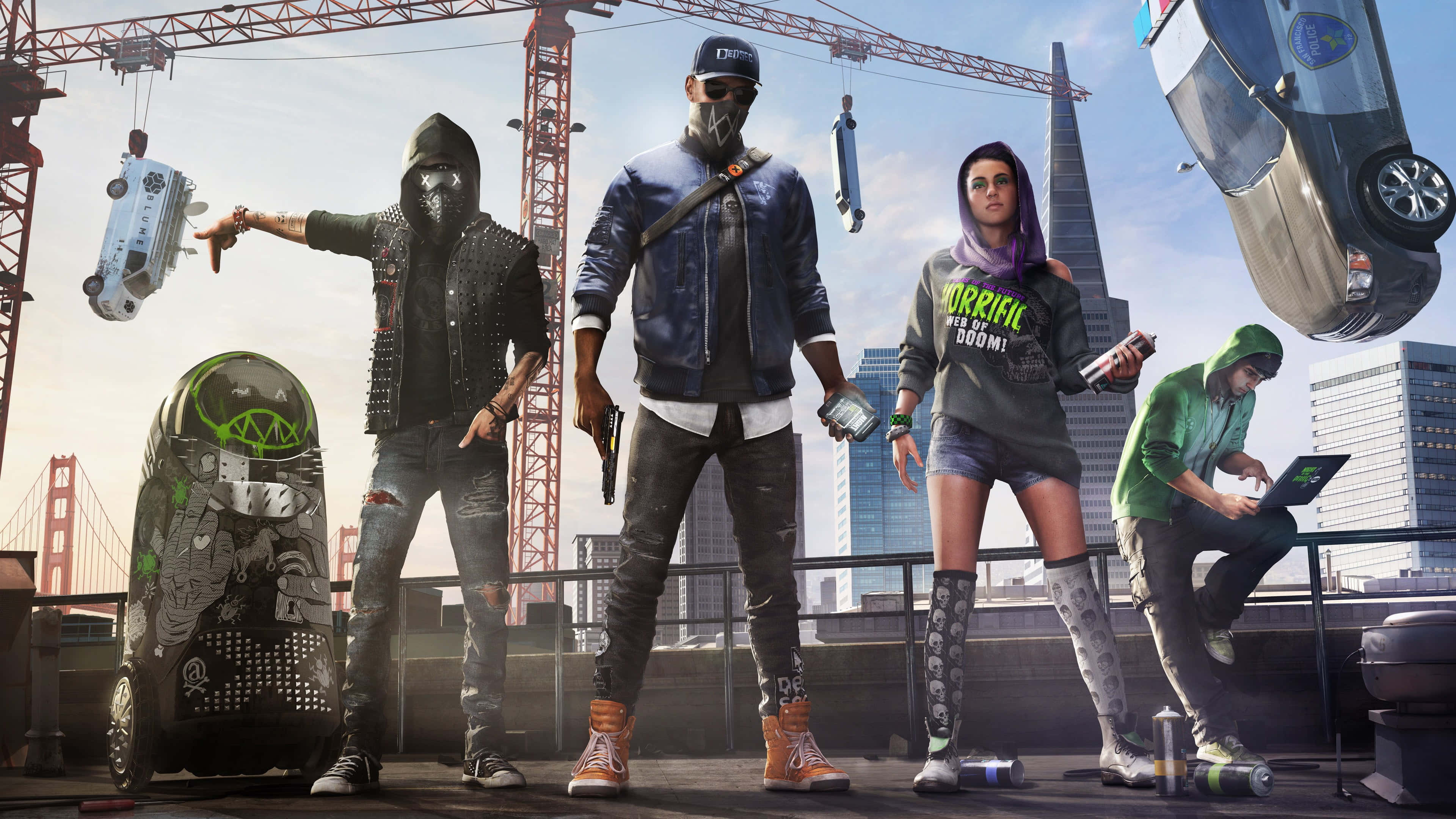 Best Playerunknown's Battlegrounds 桌布 壁紙 — 四個風格化角色站在屋頂上，周圍有漂浮的汽車和起重機，背景是城市天際線和金門大橋。