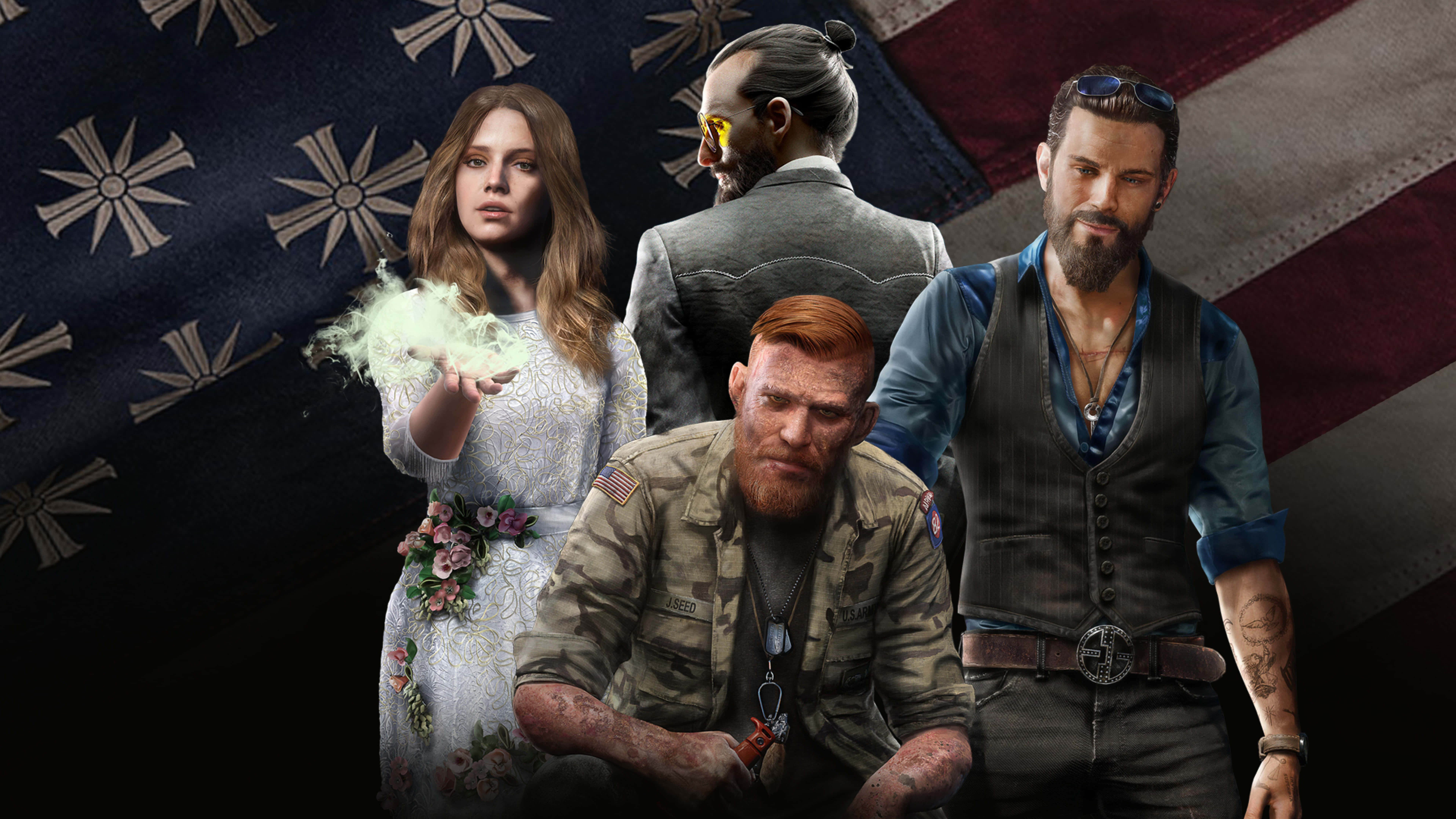 Far Cry 5 4K 桌布 壁紙 — 四個風格化角色站在深色美國國旗和交叉步槍前，一人手持發光煙霧，另一人身穿軍服，兩名男子穿著背心。