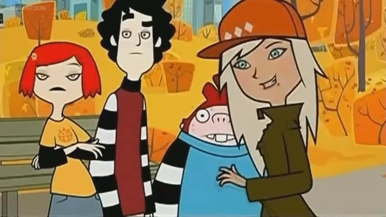 Animated 桌布 壁紙 — 四個風格各異的動畫角色站在一個風格化的秋季公園中，背景有橙色樹木和城市建築。
