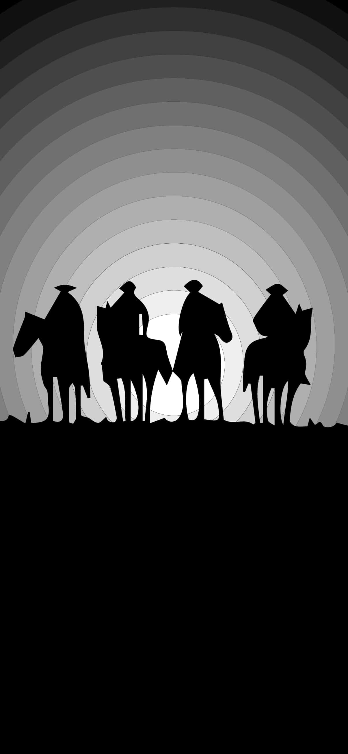 黑白 桌布 壁紙 — 四個騎馬者以黑色剪影站立，背景是漸變的同心灰色圓圈，逐漸淡出至黑色。