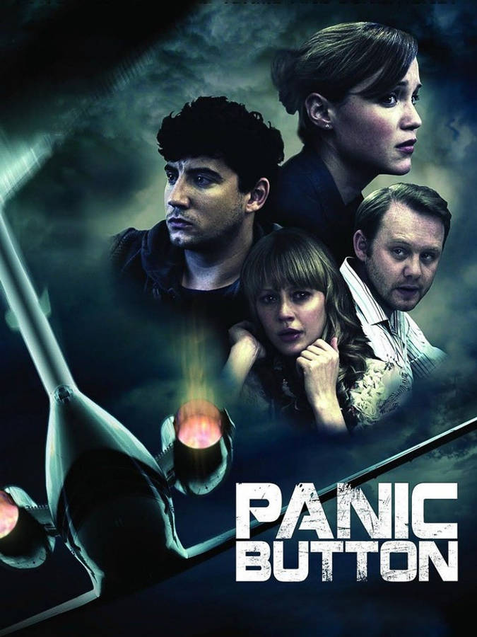 Panic 桌布 壁紙 — 四個驚恐的人抬頭凝視，一艘發光的外星飛船在暴風雨般的黑暗天空中威脅性地盤旋。