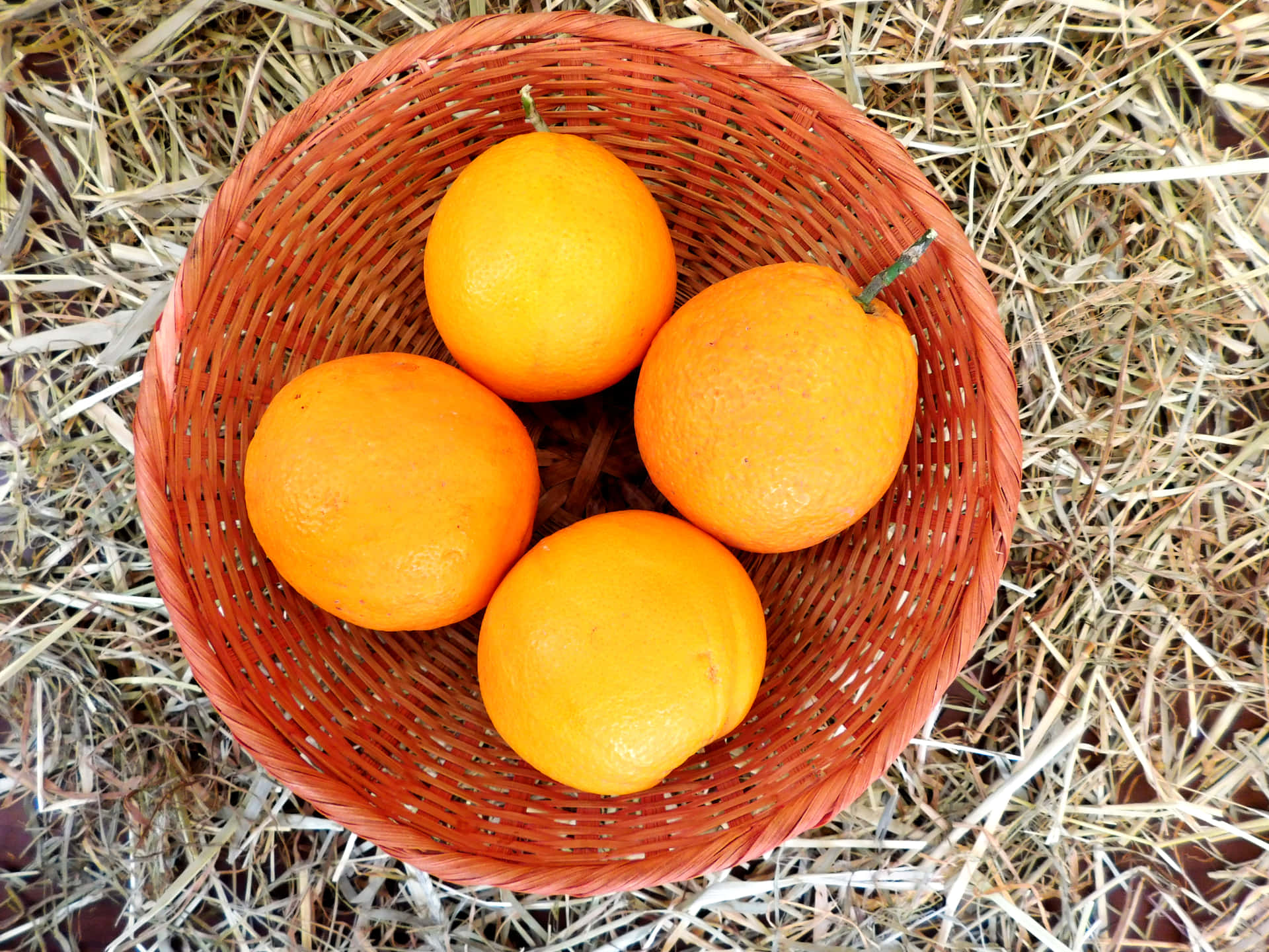 Oranges 壁紙 — 四個鮮橙色的水果放在一個編織的紅棕色籃子裡，籃子置於乾草堆上。