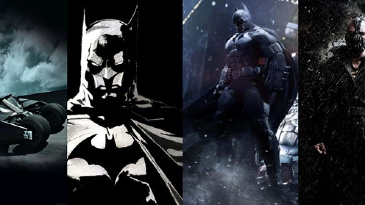 Awesome Batman 桌布 壁紙 — 四個黑暗面板展示了蝙蝠俠從漫畫藝術到3D渲染的各種粗獷風格，包括蝙蝠車和雨景。