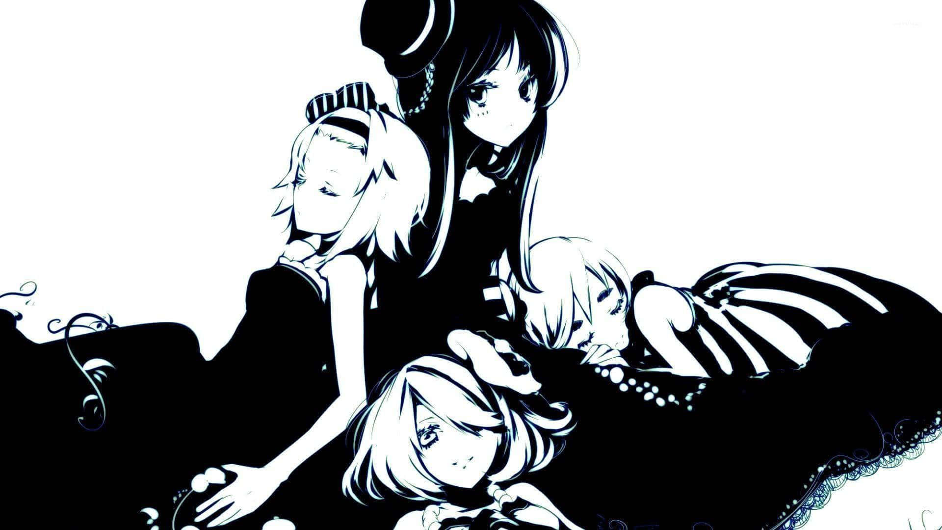 anime black and white 桌布 壁紙 — 四個黑白動漫女孩，擺出戲劇性姿勢，穿著華麗服裝，背景是純白色。