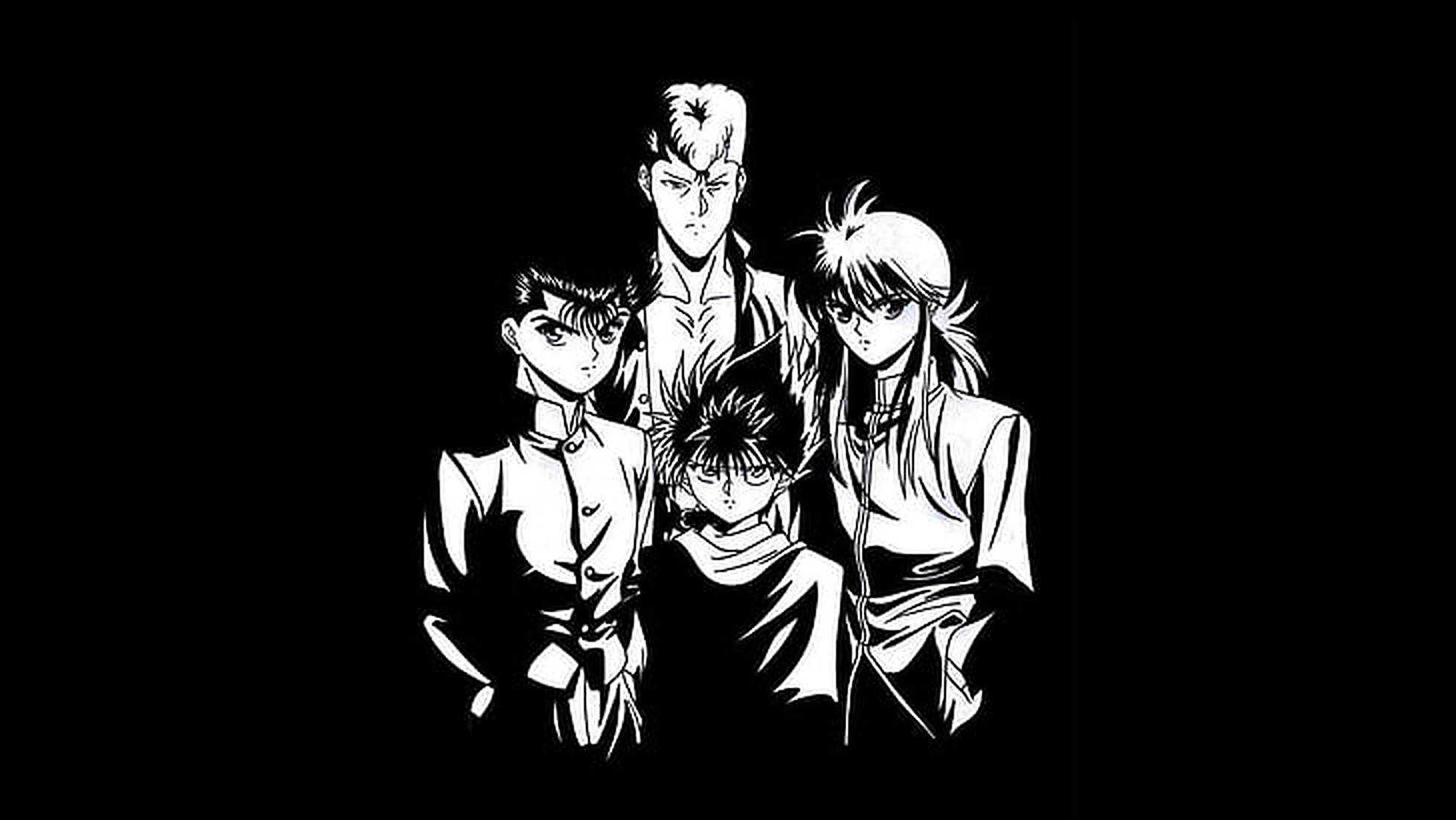 yuyu hakusho 桌布 壁紙 — 四個黑白動漫角色站在純黑色背景前，輪廓鮮明，燈光戲劇化。