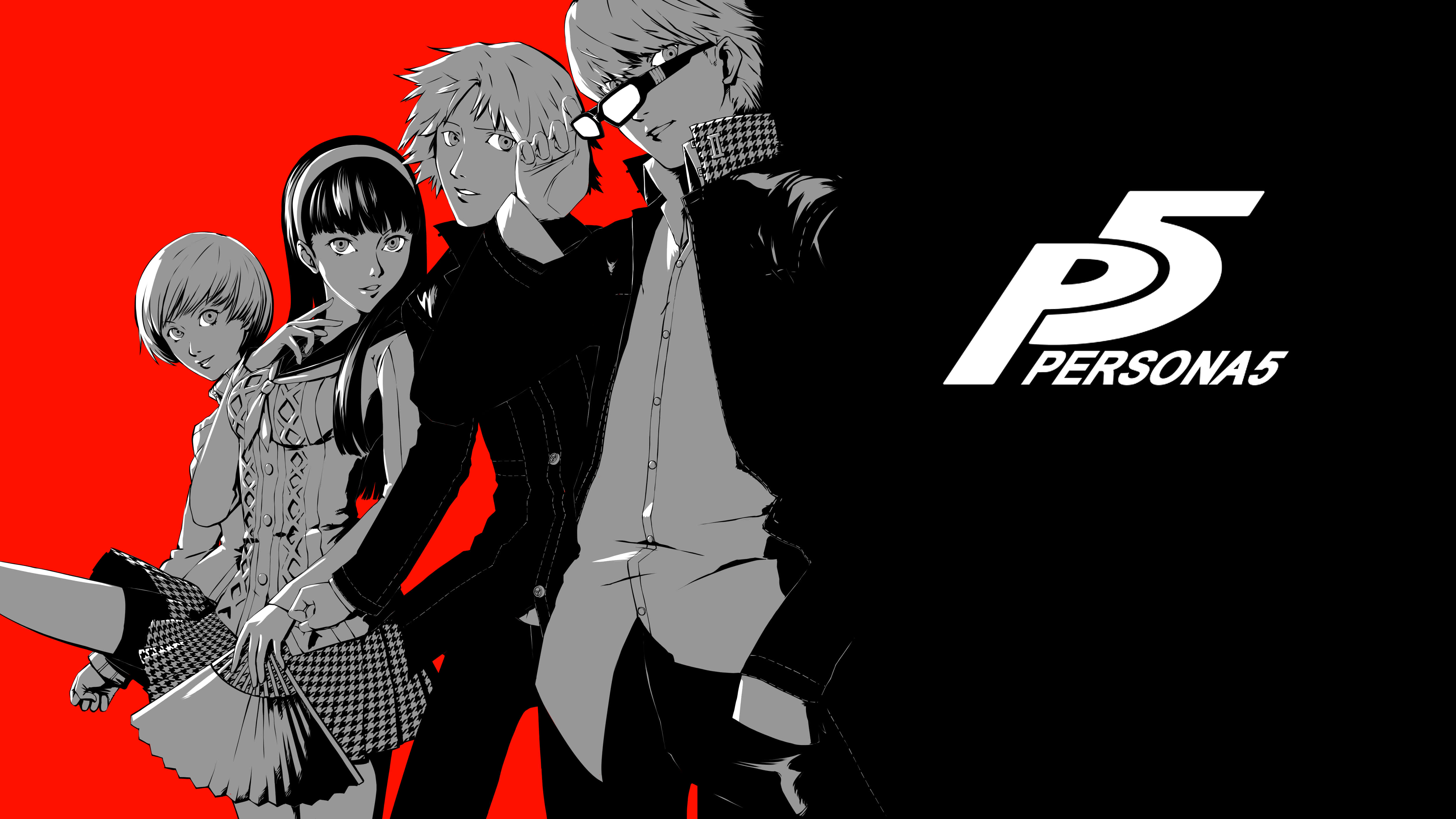 桌布 壁紙 — 四個黑白動畫角色站在大膽的紅色背景前，帶有 Persona 5 標誌。