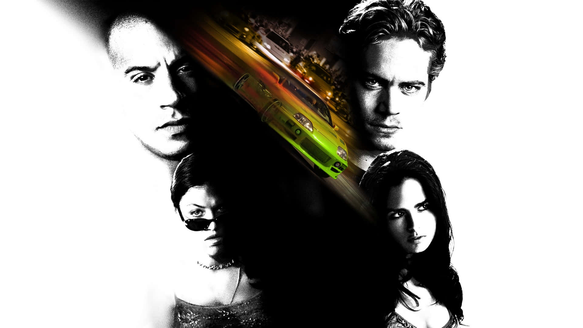 Fast And Furious 1 桌布 壁紙 — 四個黑白強烈面孔框住一輛霓虹綠色跑車，在模糊的城市夜晚中疾馳。