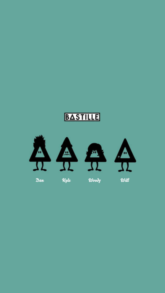 Bastille 桌布 壁紙 — 四個黑色三角形形狀的樂團成員，各有不同的髮型，站在青綠色背景上，樂團名稱Bastille。