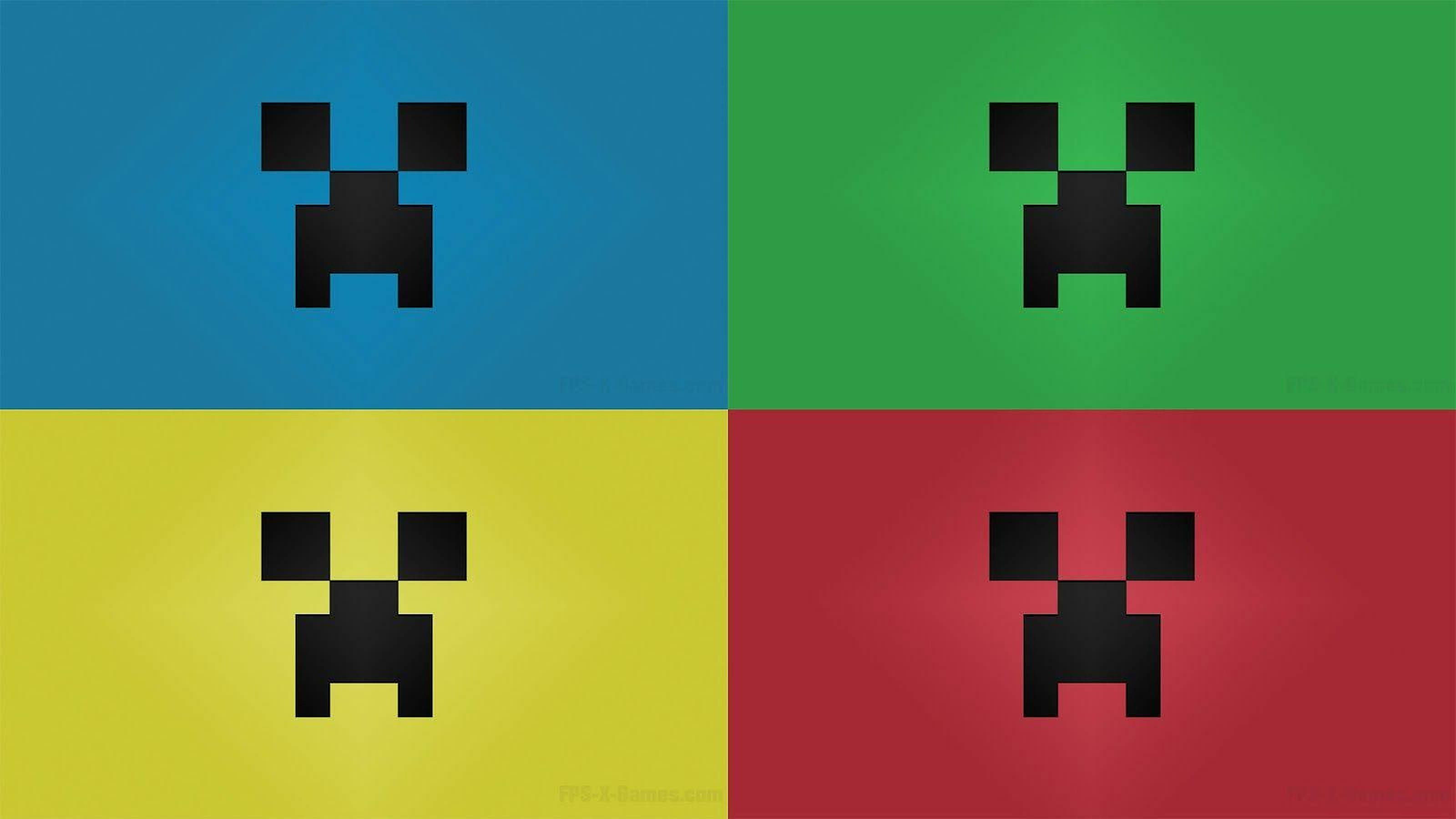 Creeper 桌布 壁紙 — 四個黑色像素化狗臉坐在鮮豔的藍色、綠色、黃色和紅色背景上，形成網格排列。