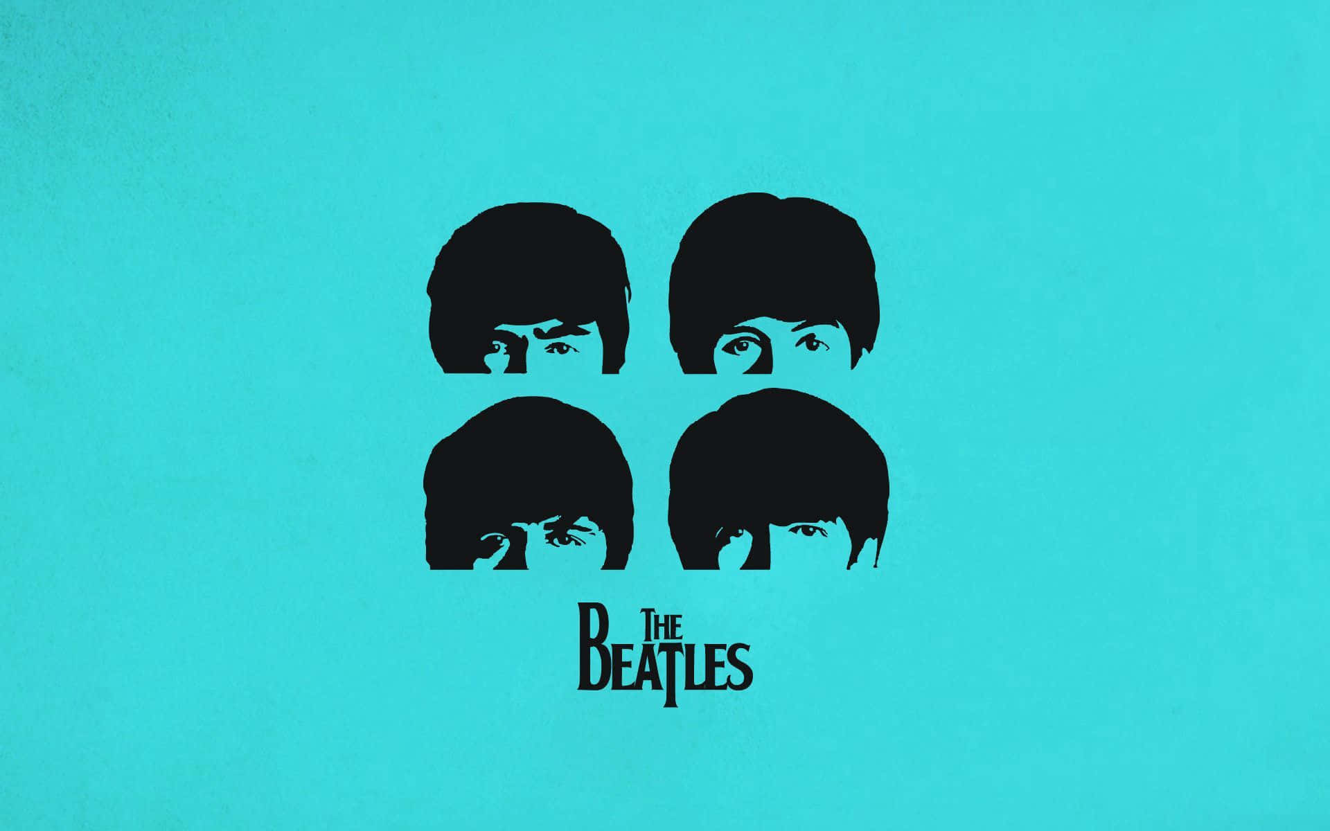 the beatles 桌布 壁紙 — 四個黑色剪影頭部，眼睛窺視，背景為充滿活力的青綠色，下方有「The Beatles」文字。