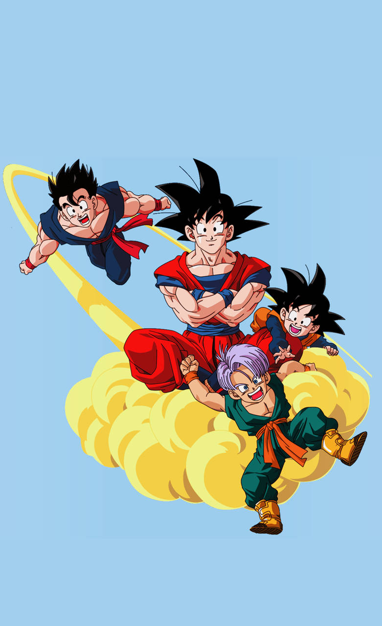 Goten 桌布 壁紙 — 四個龍珠角色在晴朗藍天中快樂地騎著黃色雲朵。