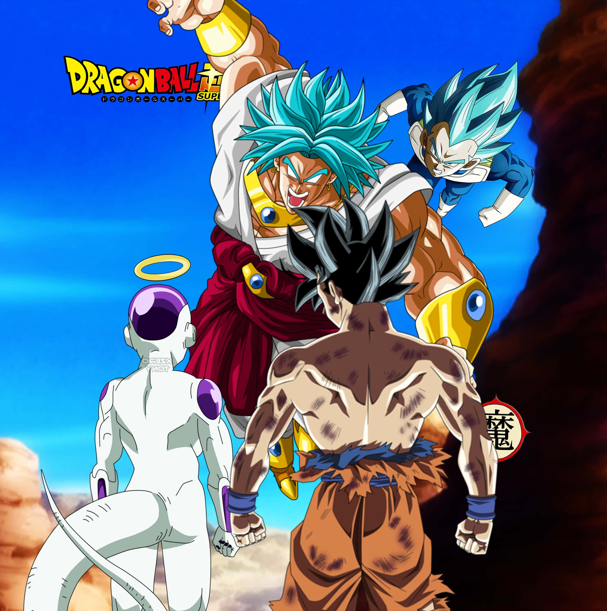 Vegeta And Broly 桌布 壁紙 — 四個龍珠超角色在明亮的藍天和岩石地形背景下擺出動態戰鬥姿勢。
