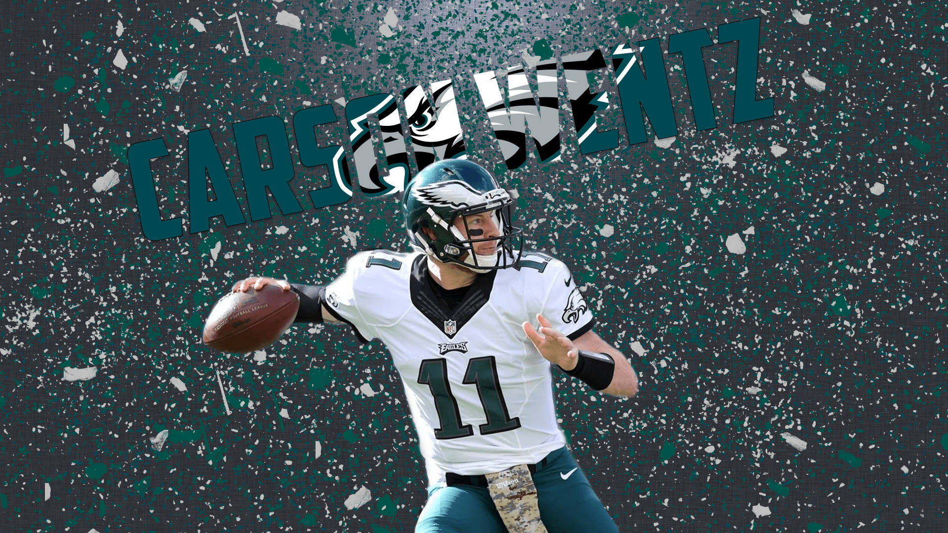 運動 桌布 壁紙 — 四分衛 Carson Wentz 身穿老鷹隊球衣，在綠色和白色的紙屑中擲出橄欖球，他的名字以粗體風格文字呈現。