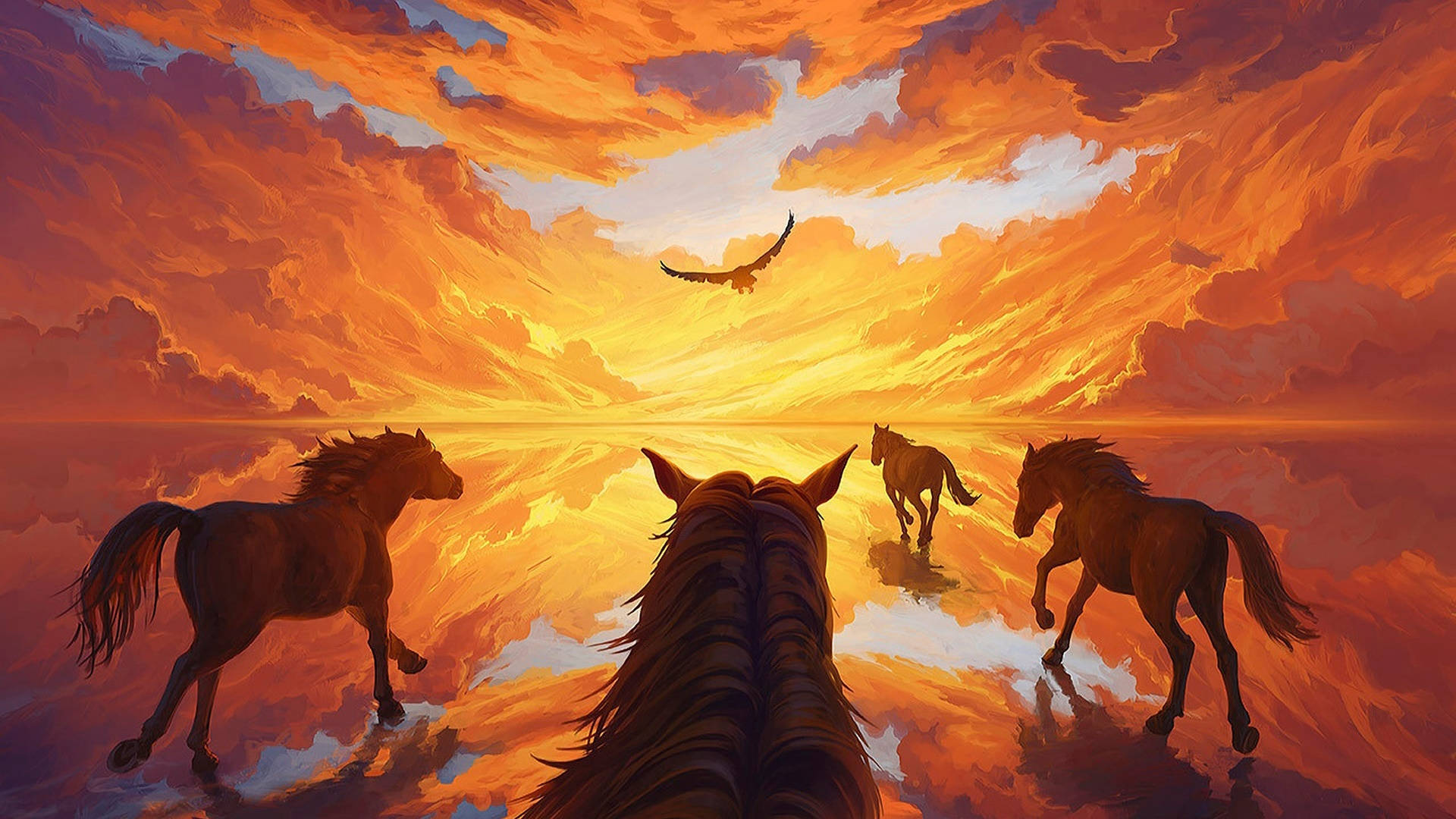 Running Horse 桌布 壁紙 — 四匹馬在火紅橙色的夕陽天空下奔馳於反射表面，一隻鷹在翱翔。