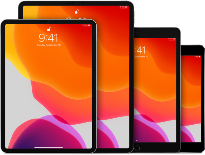 iPad Pro 桌布 壁紙 — 四台平板電腦顯示一幅充滿活力的抽象桌布，白色背景上有流動的橙色、粉紅色和紫色形狀。