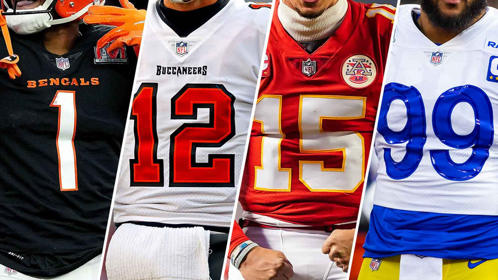 NFL 桌布 壁紙 — 四名NFL球員身穿球隊球衣，展示號碼1、12、15和99，以及球隊標誌和頭盔的特寫拼貼畫。