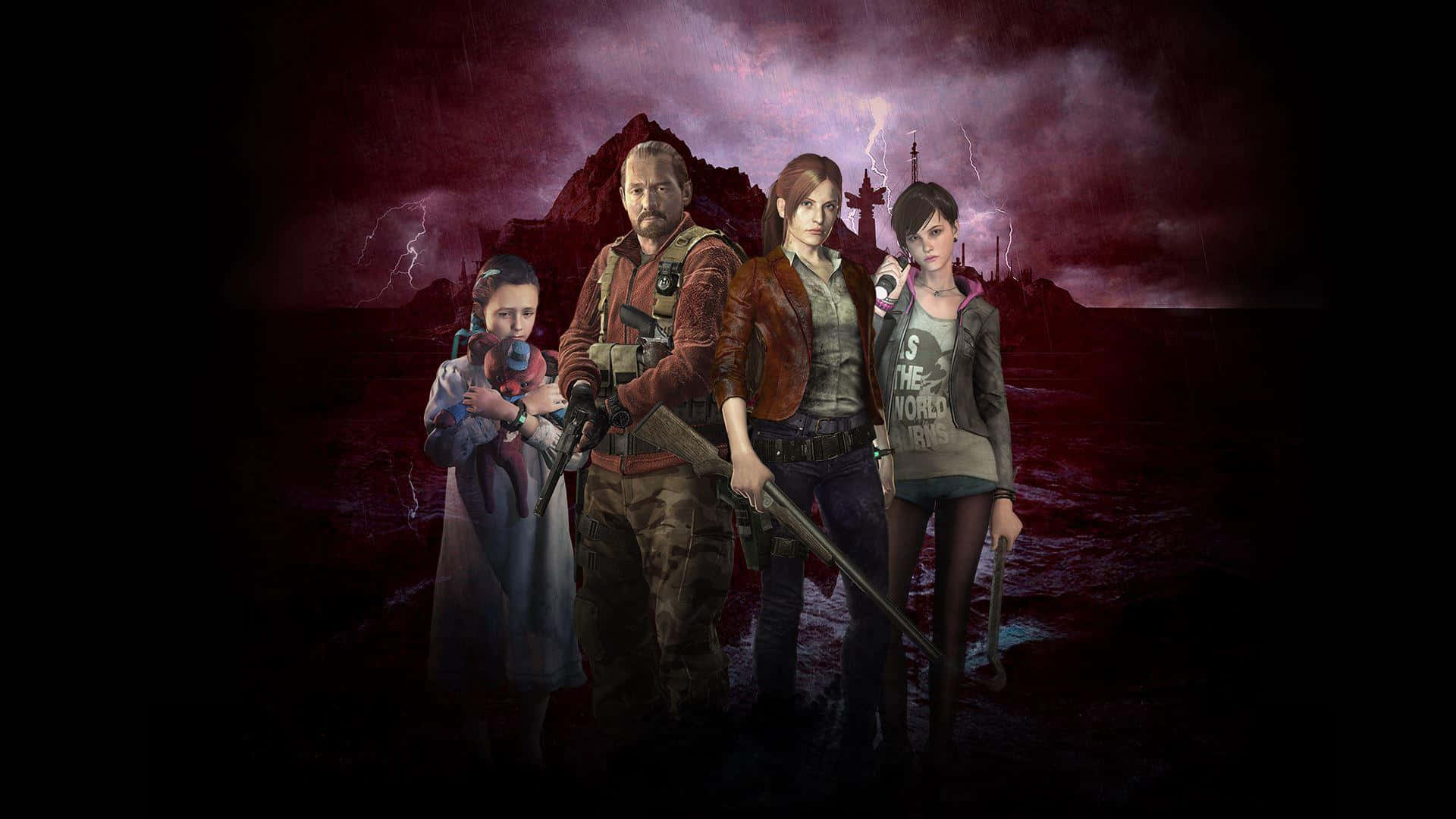 Resident Evil Revelations 2 桌布 壁紙 — 四名倖存者挑釁地站在風暴中的血紅色景觀中，閃電擊中遠處的城堡附近。