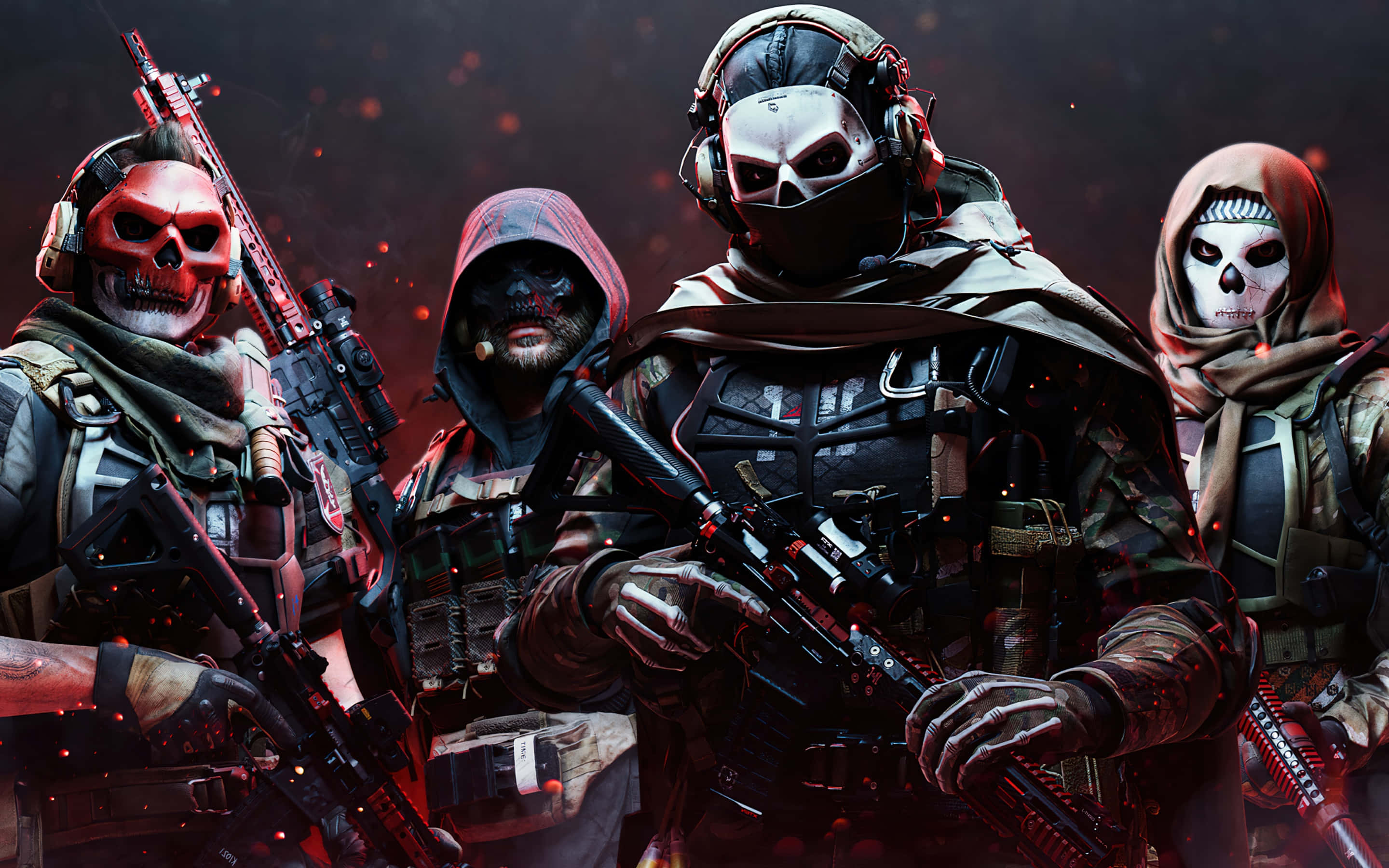 Warzone 桌布 壁紙 — 四名全副武裝的士兵戴著骷髏面具和戰術裝備，站在黑暗火熱的環境中。