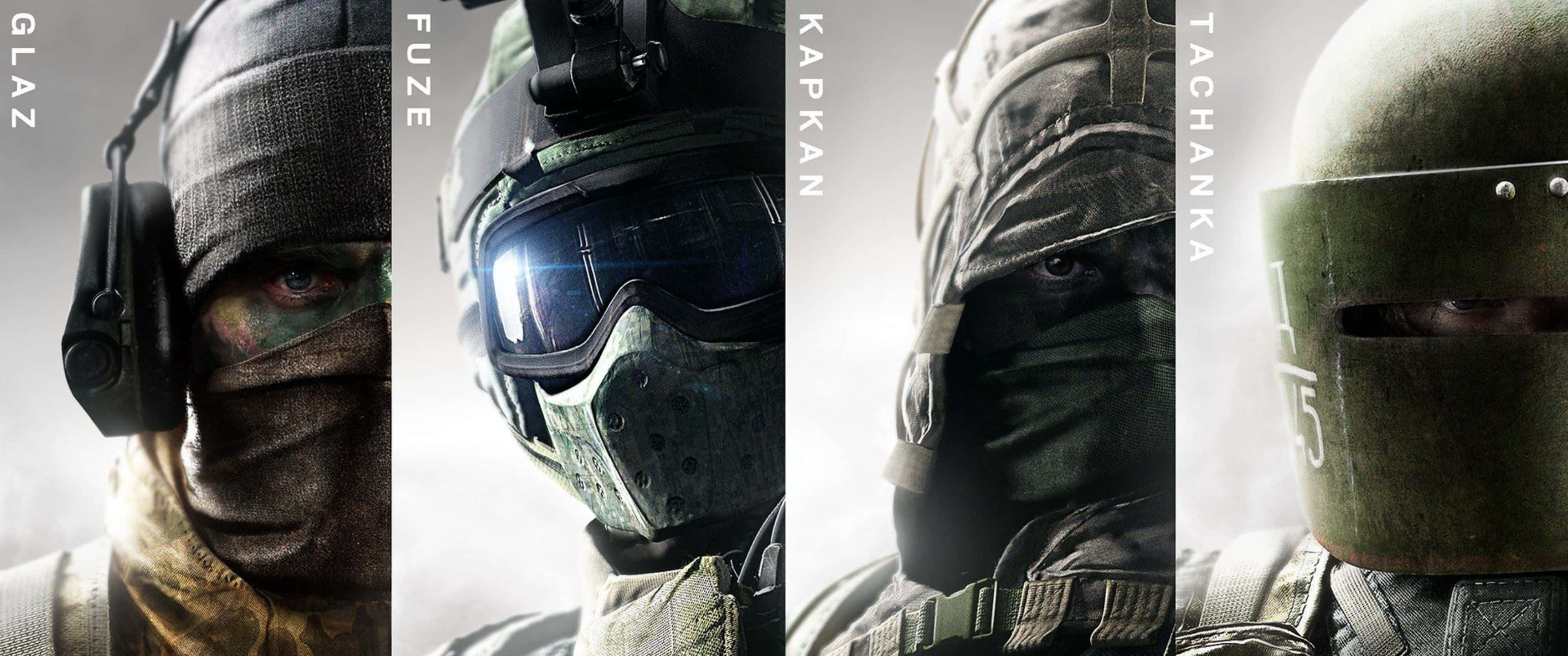 3440x1440p Rainbow Six Siege 桌布 壁紙 — 四名全副武裝的戰術士兵，臉部被遮蓋，眼神銳利，背景柔和。