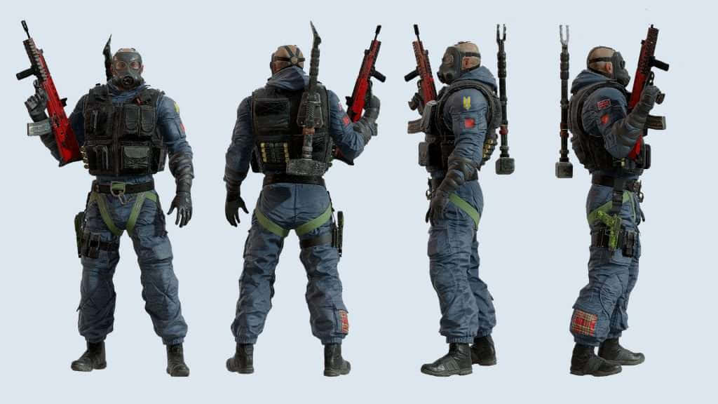 Rainbow Six Siege Sledge 桌布 壁紙 — 四名全副武裝的戰術士兵從多個角度在純色背景前展示。