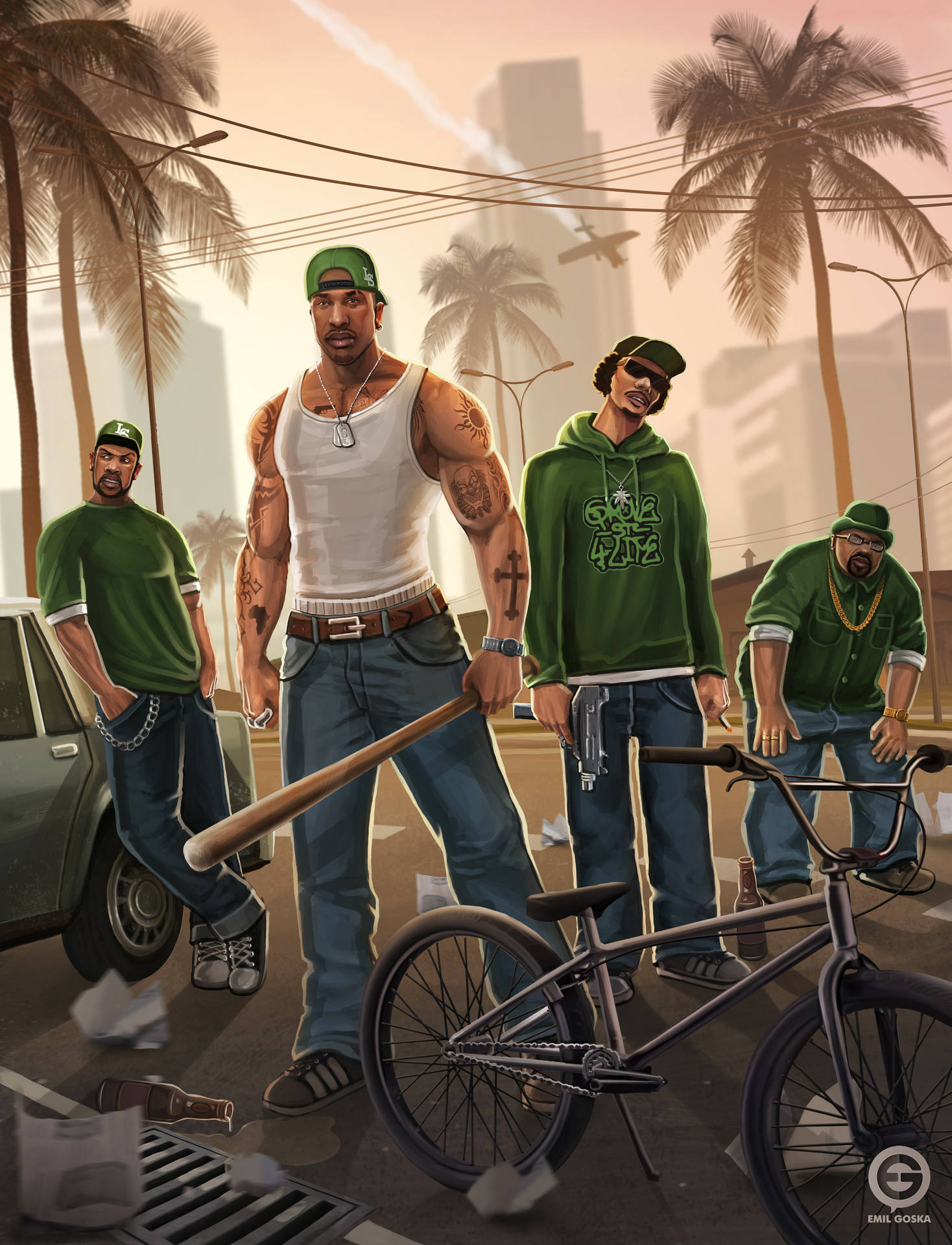 Gta 桌布 壁紙 — 四名刺青男子身穿綠色裝備，站在棕櫚樹成蔭的街道上，手持武器和一輛腳踏車，周圍有垃圾和一輛汽車。