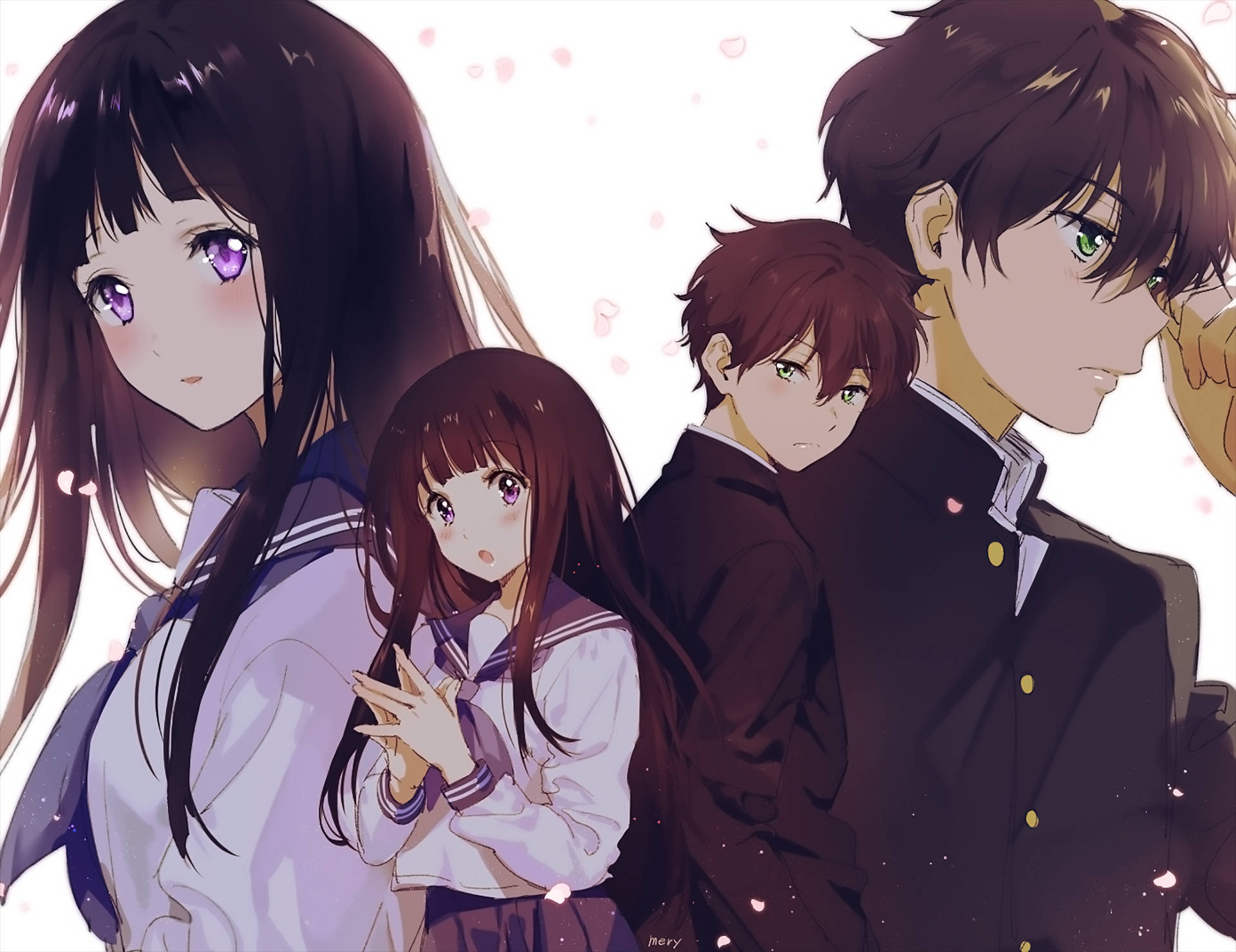 Hyouka 桌布 壁紙 — 四名動畫學生穿著校服，站在柔和的背景前，周圍有飄浮的粉紅色花瓣。