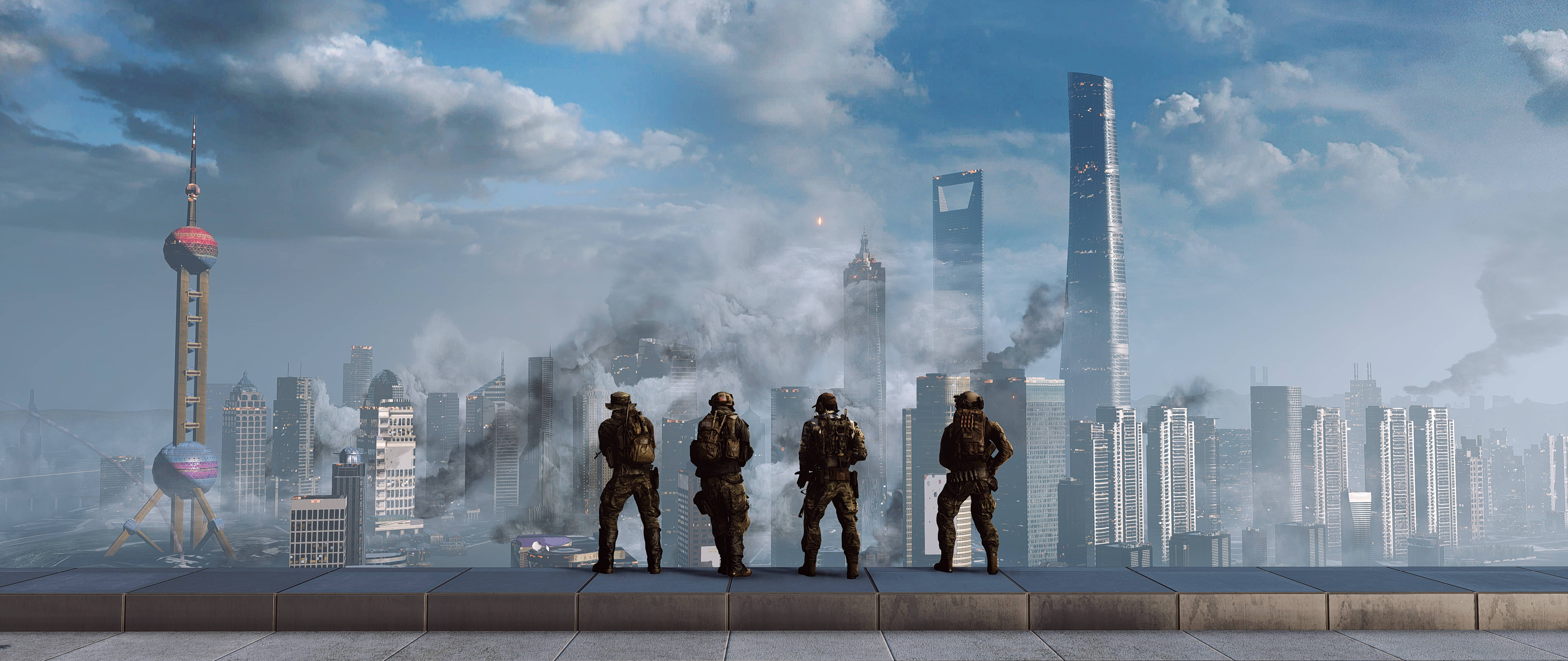 Battlefield 4 City 桌布 壁紙 — 四名士兵在屋頂上列隊，俯瞰煙霧瀰漫的未來城市景觀，標誌性摩天大樓在陰天天空下矗立。